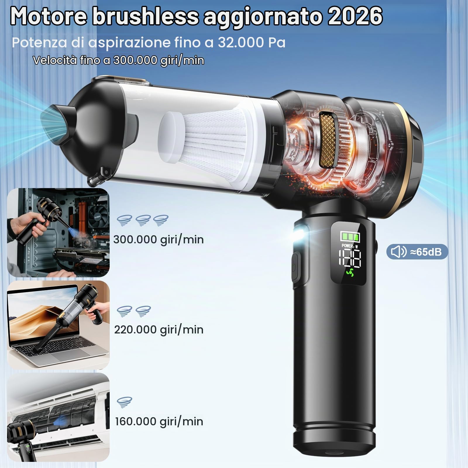 Aspirapolvere per auto, aspirapolvere senza fili, 4 in 1, 32000 Pa, potente aspirapolvere per auto, con display LCD, motore senza spazzole e 3 velocità 300.000 giri/min per auto, ufficio e peli di