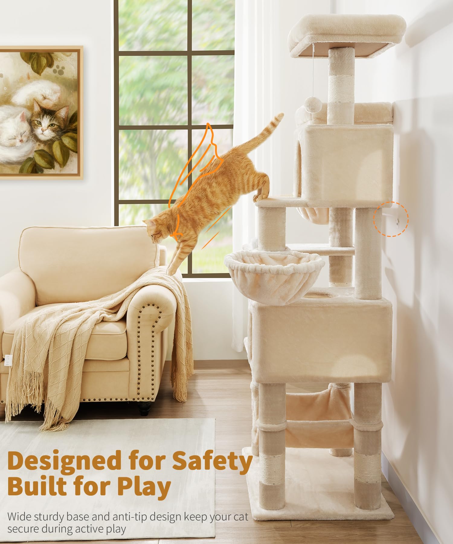 AMHANCIBLE Tall Cat Tree, 70 Inch Cat Tower for Indoor Cats, Multi-Level Cat Tree with Scratching Post, Hammock, Hanging Basket, Large Cat Condos for Adult Cats Kittens, Beige, PT18BG - image 5