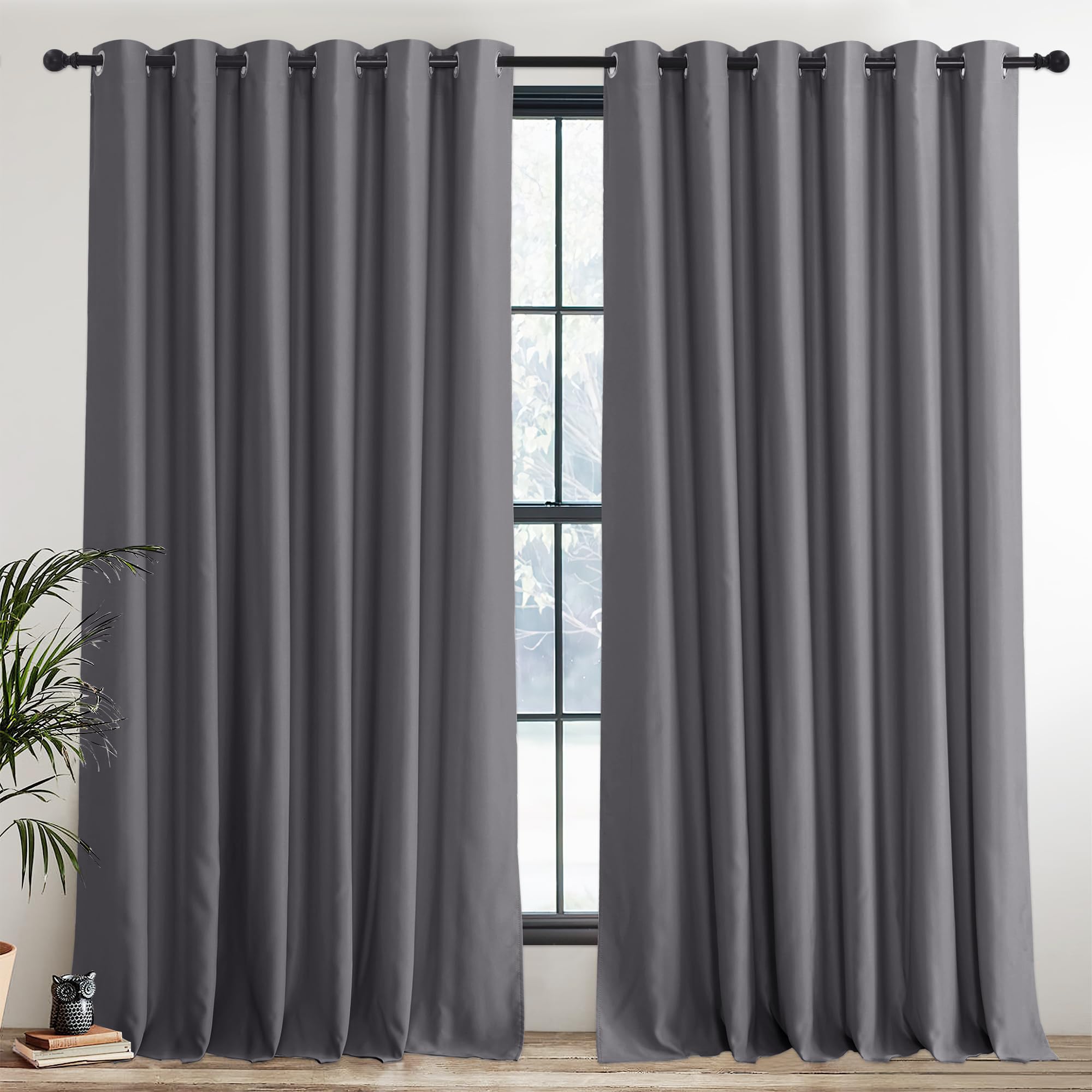 PONY DANCE Blackout Curtains for Bedroom - Grey Thermal Insulated Curtains with Eyelet 2 Panels, 90 Inch Width x 96 Inch Drop Noise Reducing Energy Saving Drapes for Living Room/Hotel,Gray