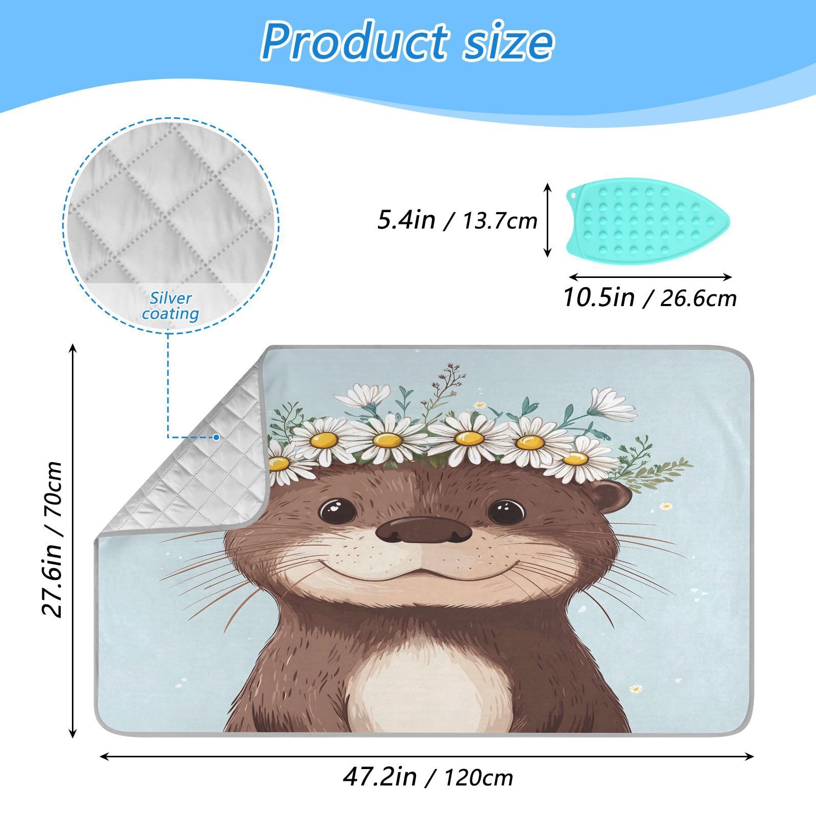 pnyoin Portable Ironing Mat Cute Otters with Daisies Travel Ironing Pad with Silicone Iron Rest for Steam Pressing on Tabletop or Bed Heat Resistant Portable Quilting & Travel Blanket