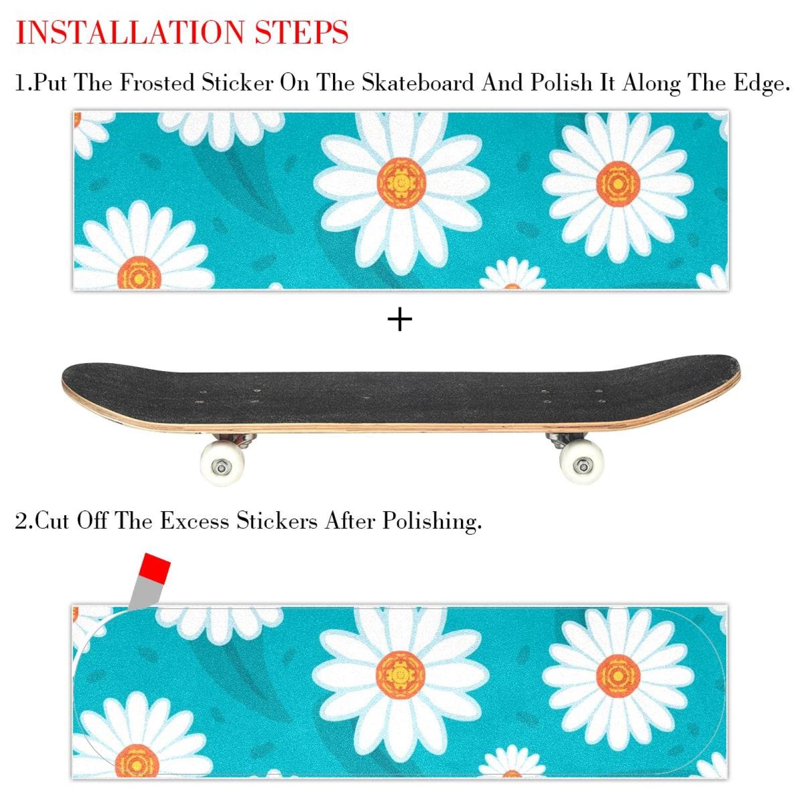 Lot de 2 feuilles de papier abrasif pour skateboard et longboard Motif marguerites blanches Fond bleu