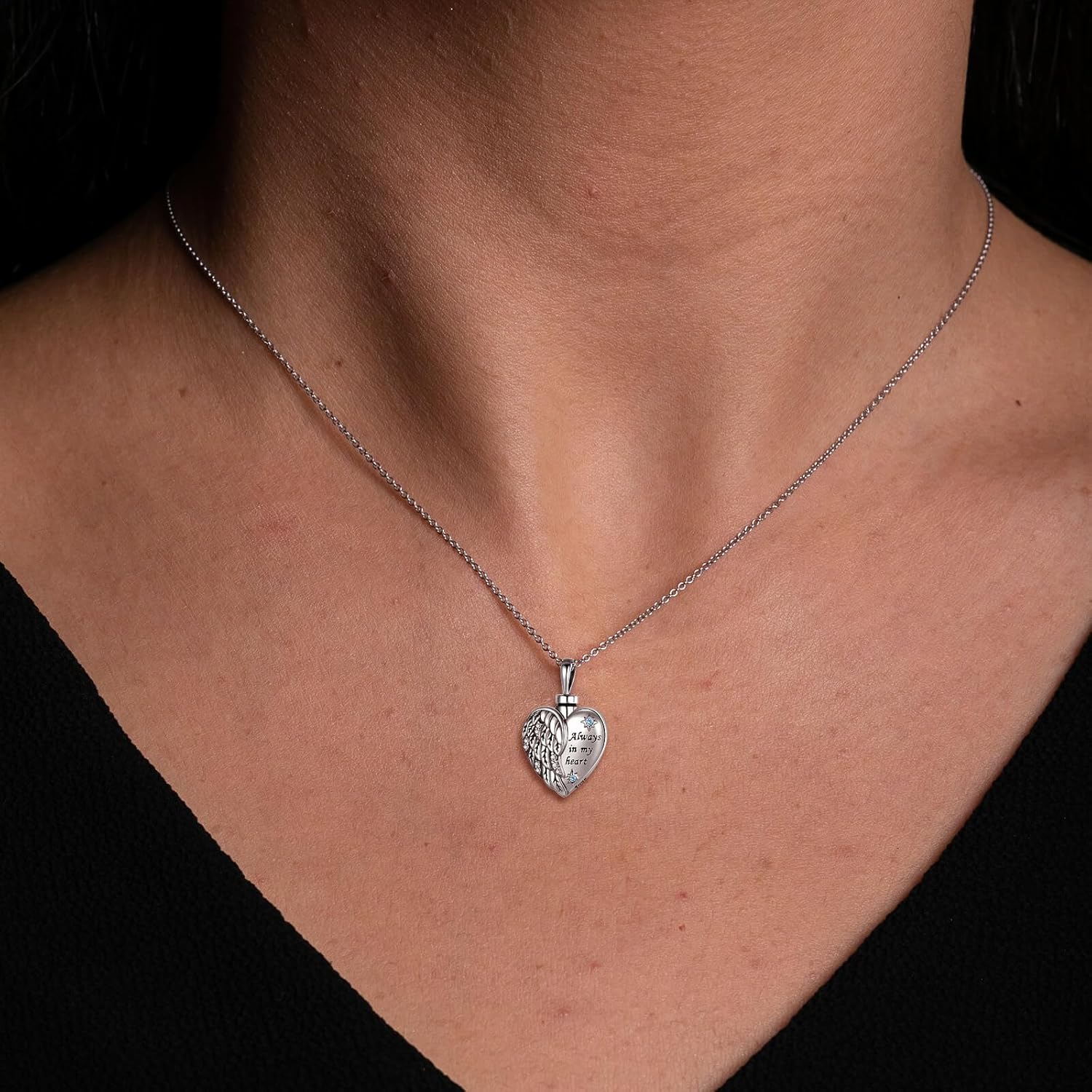 Sterling Silver Angel Wing Heart Urn Pendant Necklace For Ashes - A piece of my heart is in heaven Memorial Keepsake Cremation Jewelry - Image 3