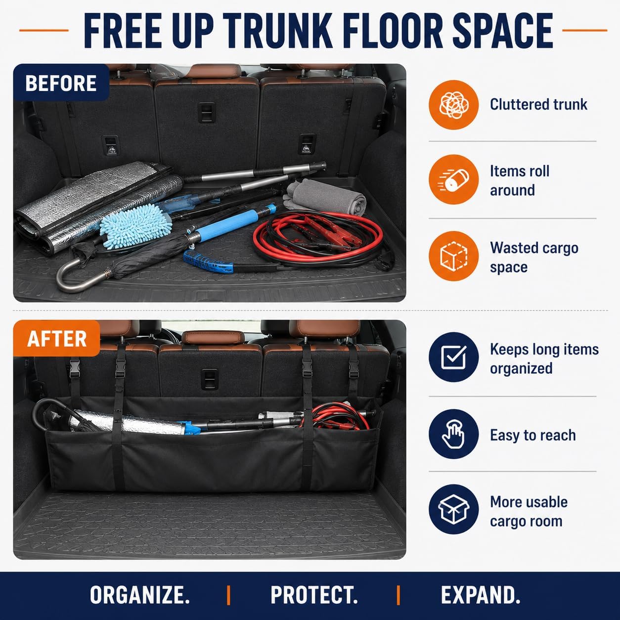 Car Trunk Organizer, Backseat Hanging Cargo Organizer Bag, Oxford Fabric Rear Seat Storage Organizer for SUV, Crossover, Hatchback, Van, Minivan and Jeep, Black