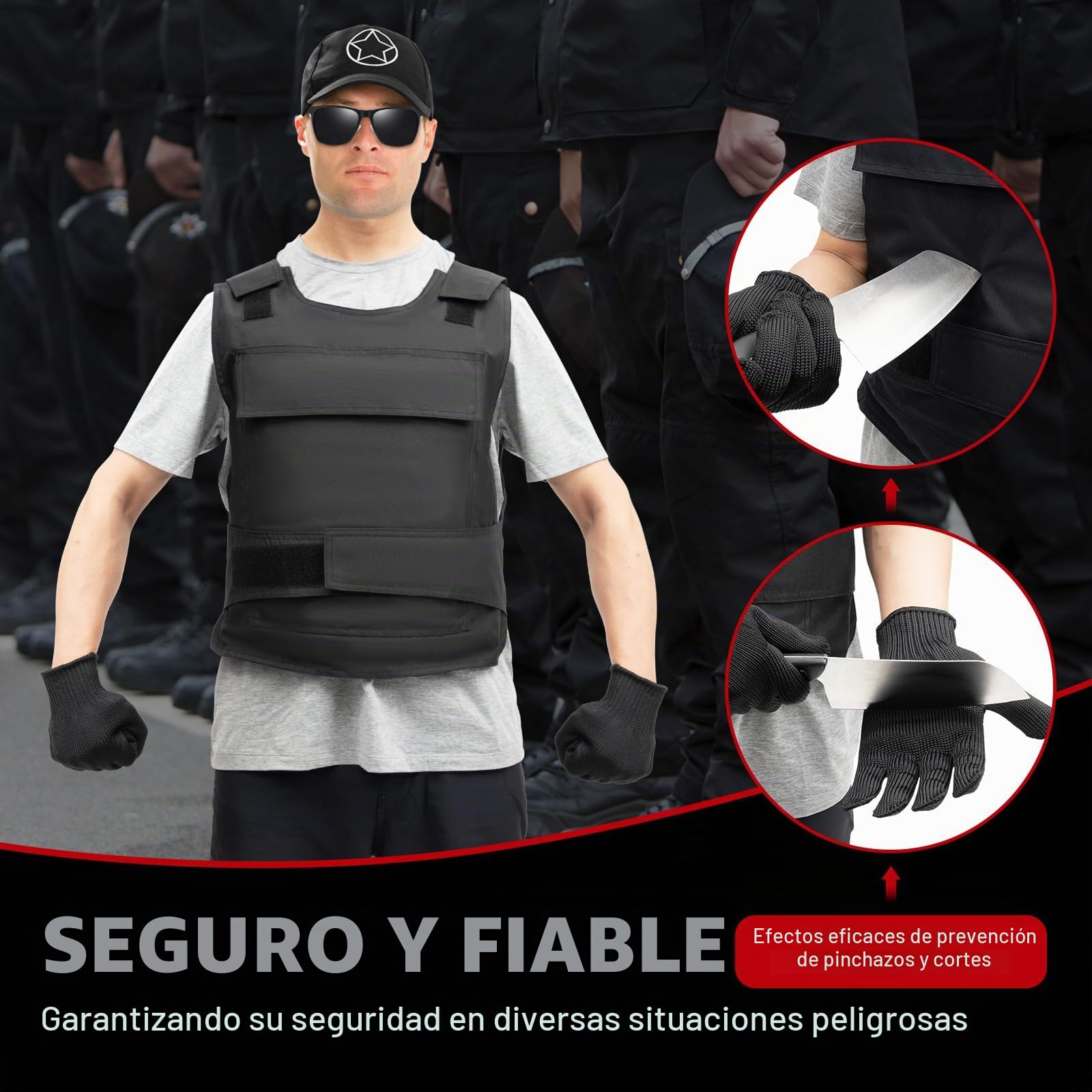 Chaleco antipuñaladas, chaleco de protección de seguridad, chaleco táctico a prueba de puñaladas, correa ajustable para el hombro/correa de cintura, con guantes + bolsa de almacenamiento, Negro