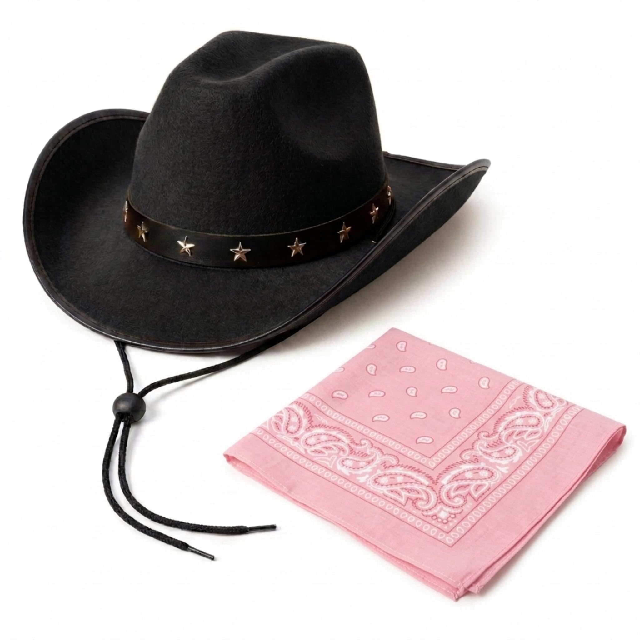 2pc Black Cowboy Hat and Bandana Set - Black Cow Boy Hat with Star Studs and Western Cowboy Neckerchief for Wild West Fancy Dress - Adult Cow Boy Accessories for Country and Western (Pink)