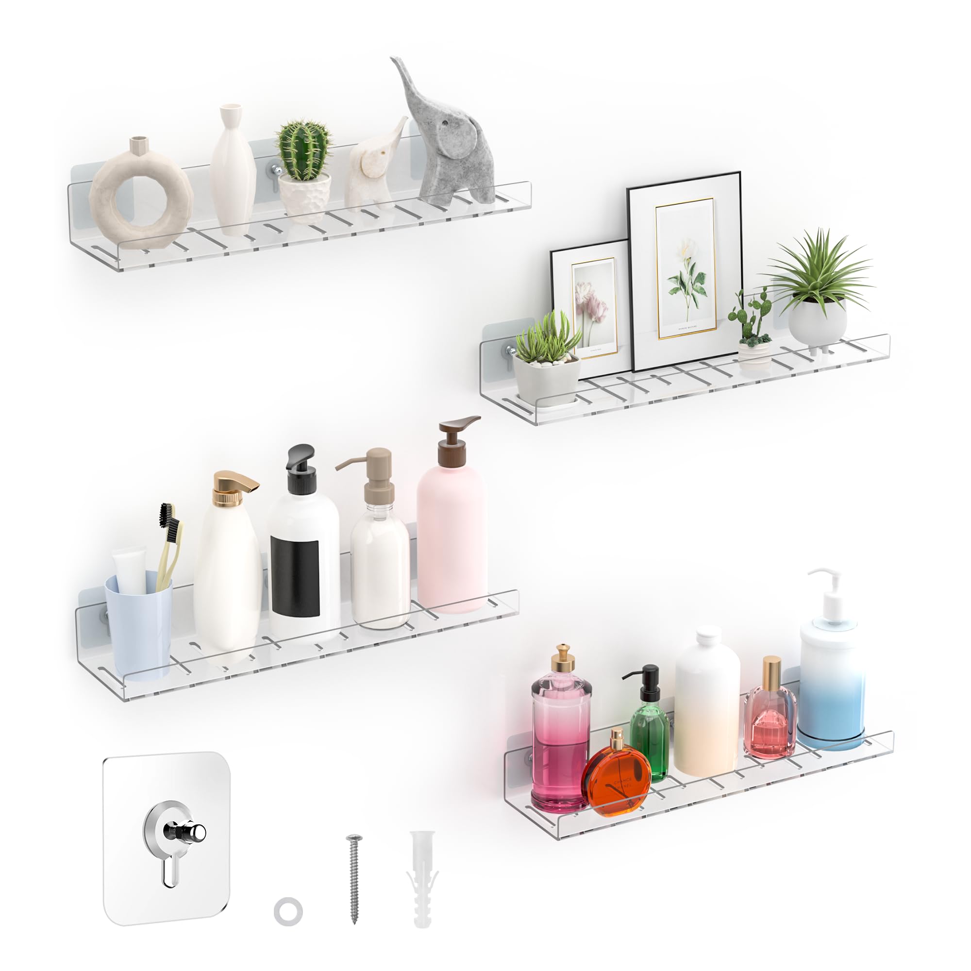 LAZYROSY 4 Pack Floating Shelves – Clear Acrylic/PET Wall-Mounted No Drill Storage with Adhesive, Invisible Bathroom & Bedroom Shelving for Kitchen, Living Room, Transparent Decor