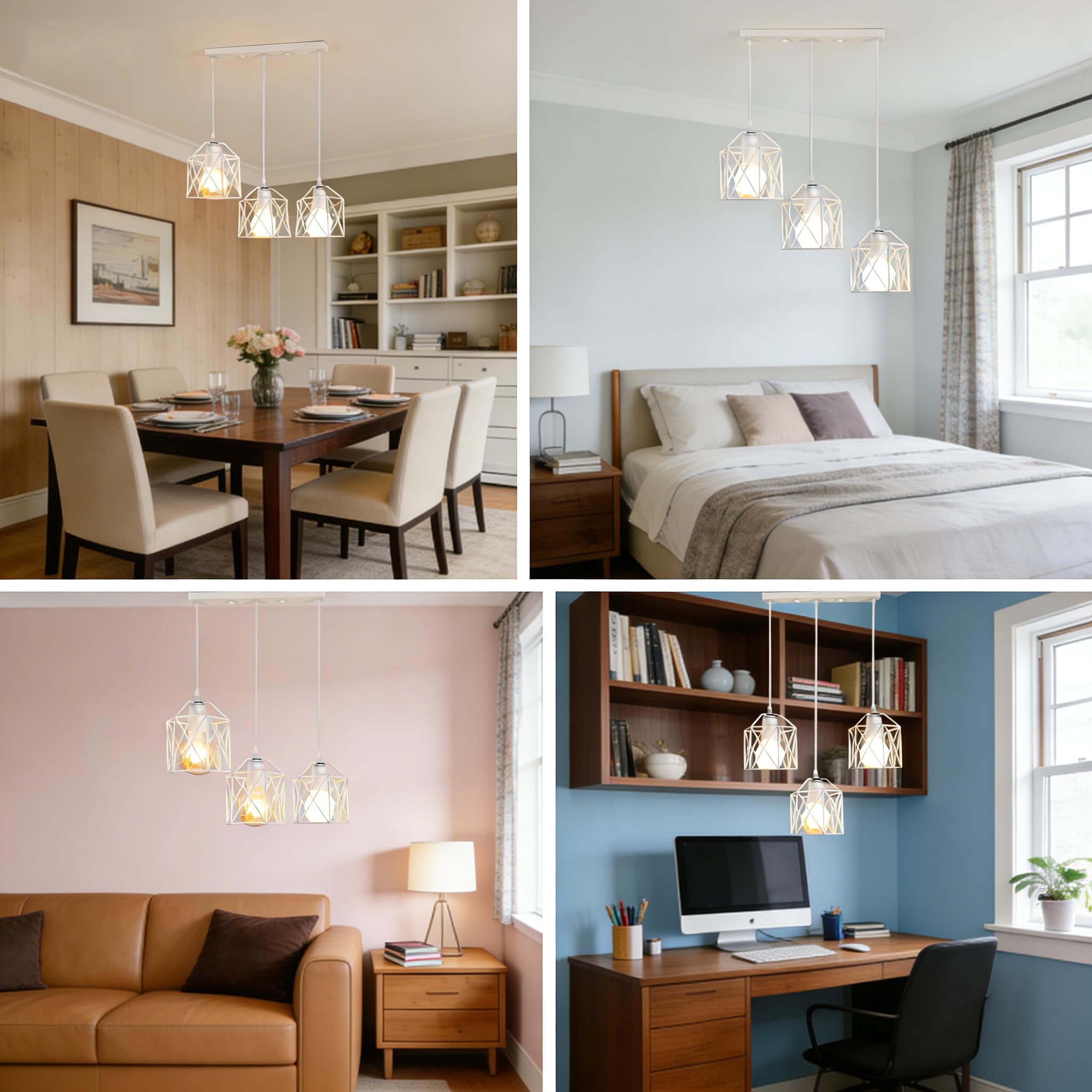 3 Luci Lampada a Sospensione Vintage, E27 Lampadario Industriale | Bianco Metallo, Lampadario da Soffitto Moderno a Forma di Gabbia per Camera da Letto, Cucina, Sala da Pranzo Soggiorno