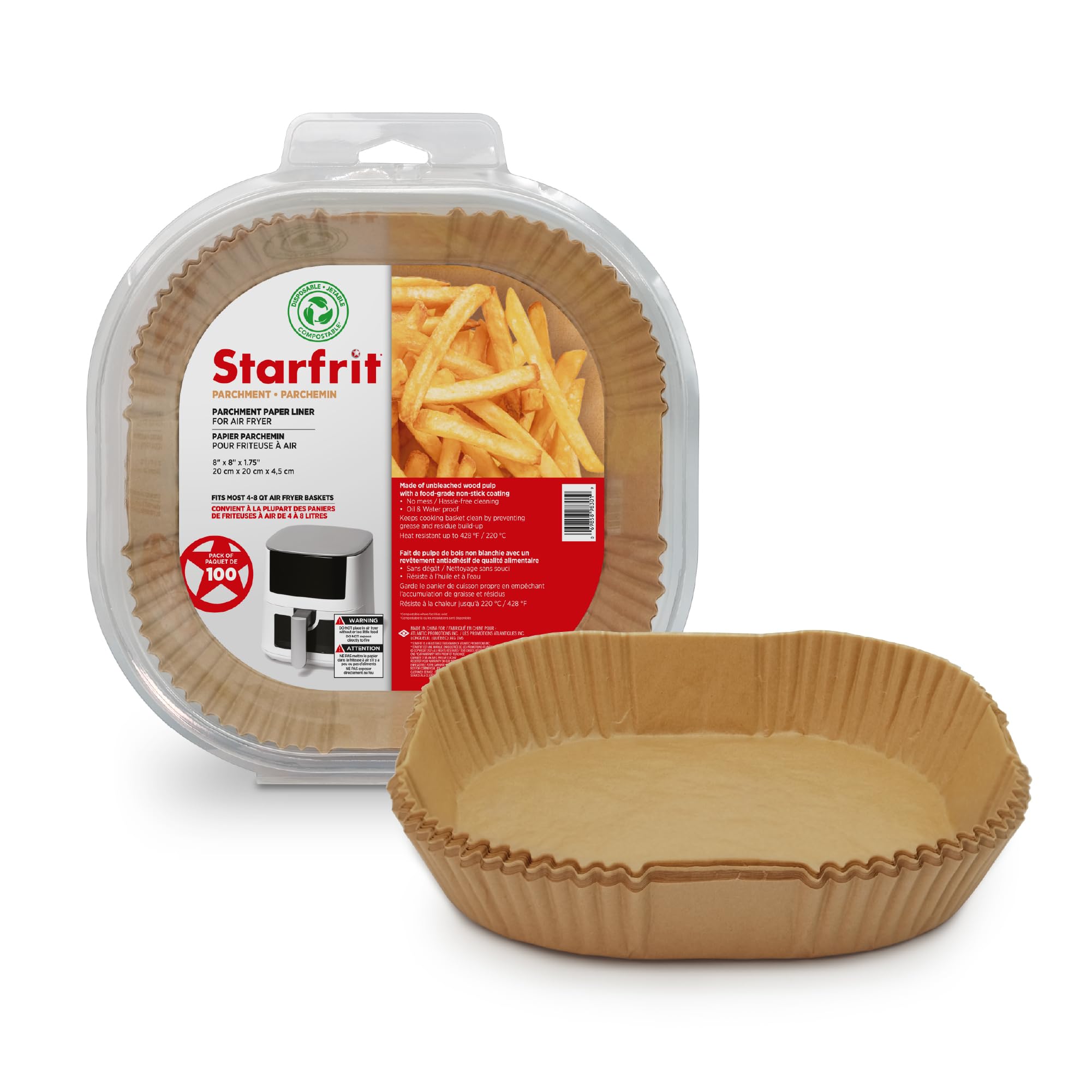 Starfrit Air Fryer Liners - 100Pcs Disposable Parchment Paper Liners - Non-Stick - Oil Proof - Waterproof - 8” Square for 5-8 qt Baskets