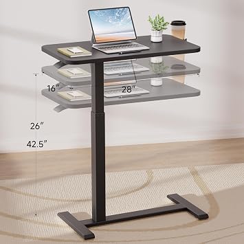 GTPLAYER Small Standing Desk with Hidden Wheels, Pneumatic Mobile Rolling Laptop Desk, Adjustable Height Overbed Bedside Table Computer Workstation for Home Office (28 W x 16 D, Black)