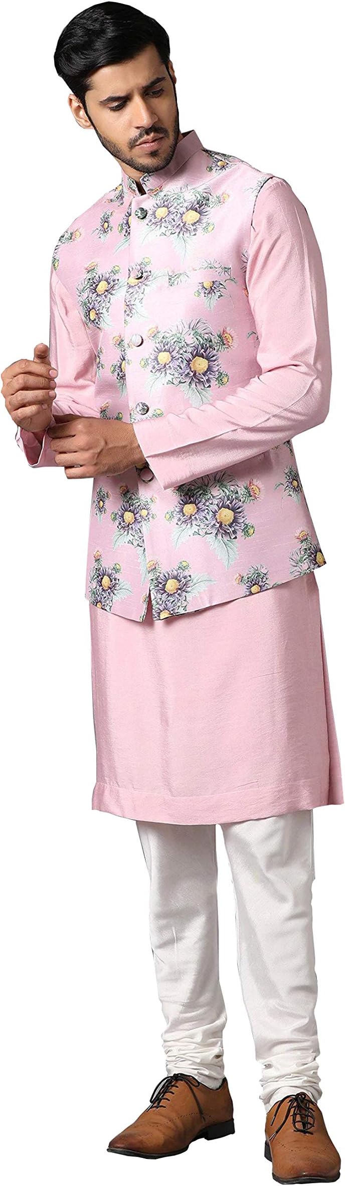 Elina fashionMen's Indian Raw Silk Kurta Pajama And Nehru Jacket (Waistcoat) || Wedding Ethnic Diwali Puja Set