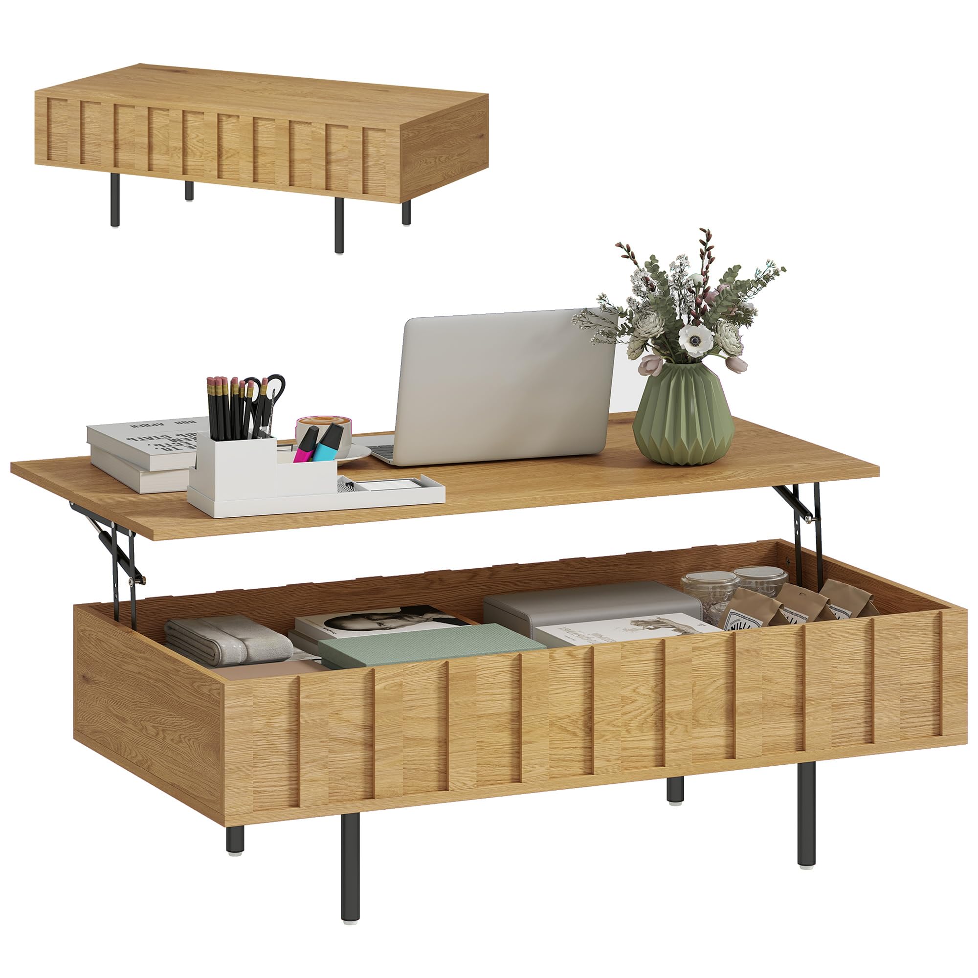 HOMCOM Mesa de Centro Elevable con 2 Compartimentos 110x55x36,5 cm Roble | Mesa de Café para Salón, 2 Compartimentos Ocultos, Patas de Metal, Sala de Estar, Comedor