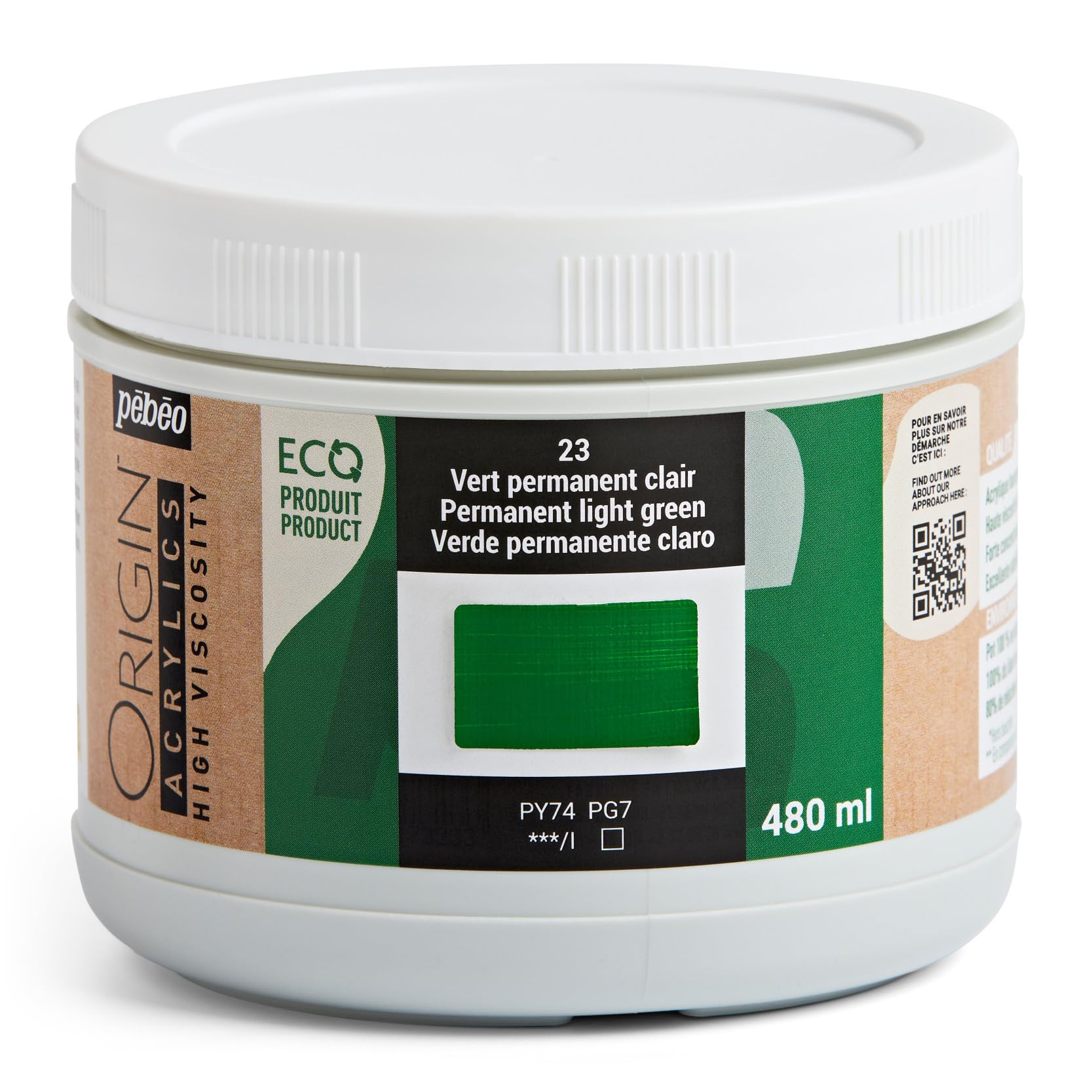 PEBEO - Origin Acrylics 480 ml - Eco-designed Acrylic Paint - High Viscosity - Matt Finish - 100% Recycled Binder - 96% European Origin Raw Materials - Light Permanent Green