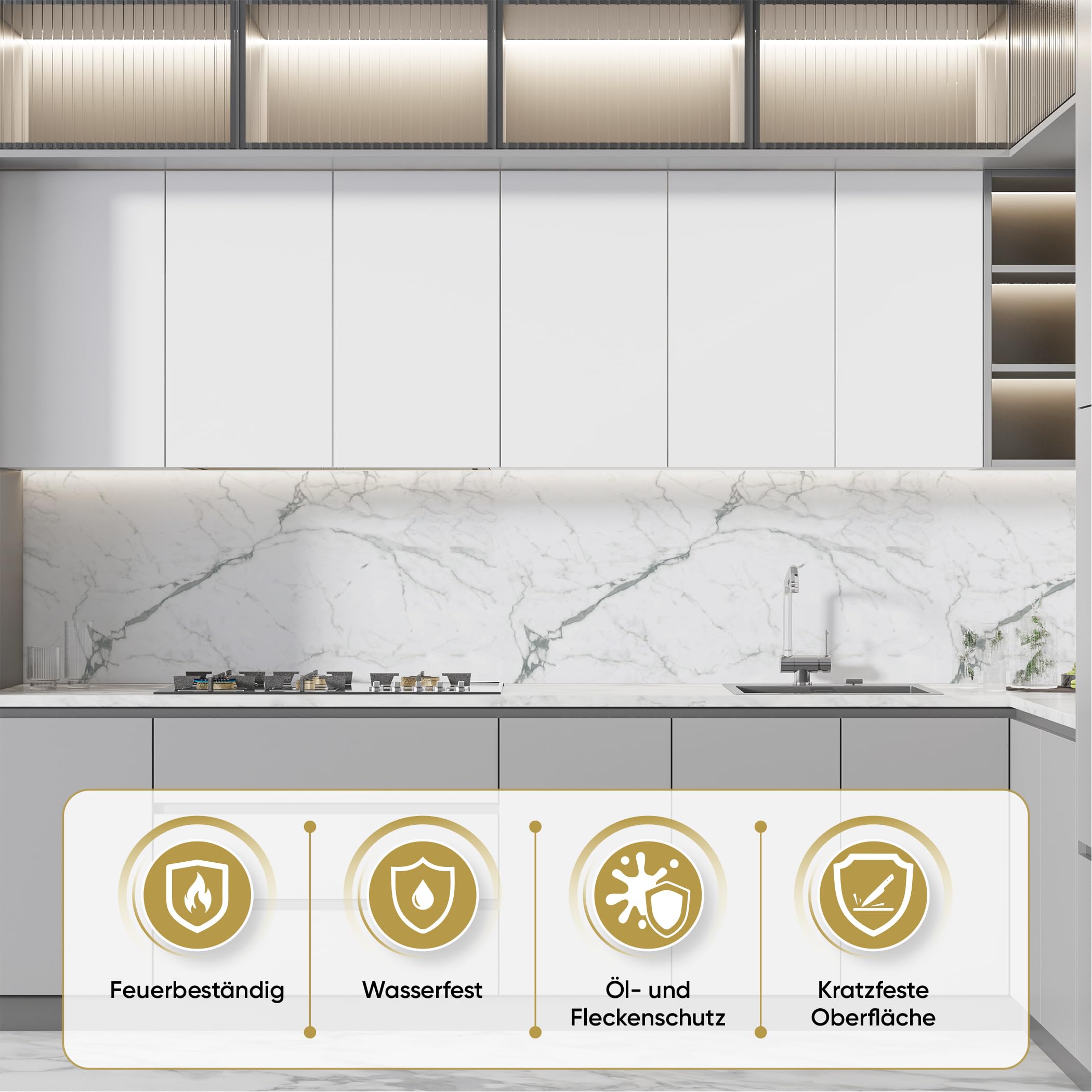 IZODEKOR SPC Panneau mural en marbre blanc, 60 x 120 cm, plaque arrière de cuisine, 1 pièce, étanche, résistant à la chaleur, protection contre les éclaboussures, revêtement en PVC pour la cuisine