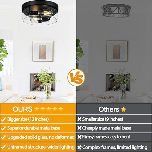 Miniatura 2 de Lámpara de techo de montaje empotrado negra, soporte de techo de 2 luces para granja con pantalla de vidrio semillado, lámpara industrial empotrada