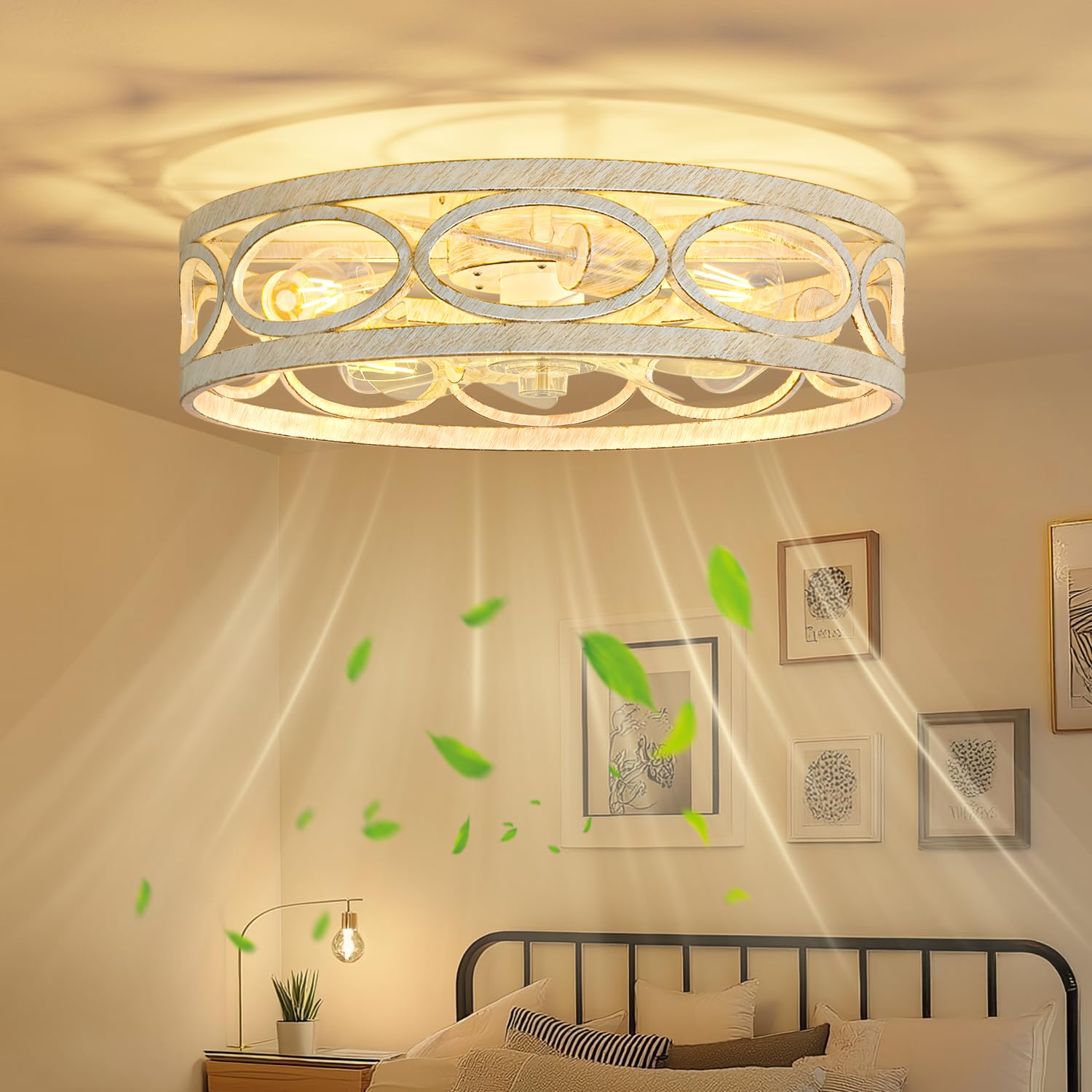 20" ceiling fans with lights and remote, 6 wind speeds 3 timing quiet flush mount low profile caged ceiling fan for bedroom living room kitchen, farmhouse small reversible ceiling fan, white