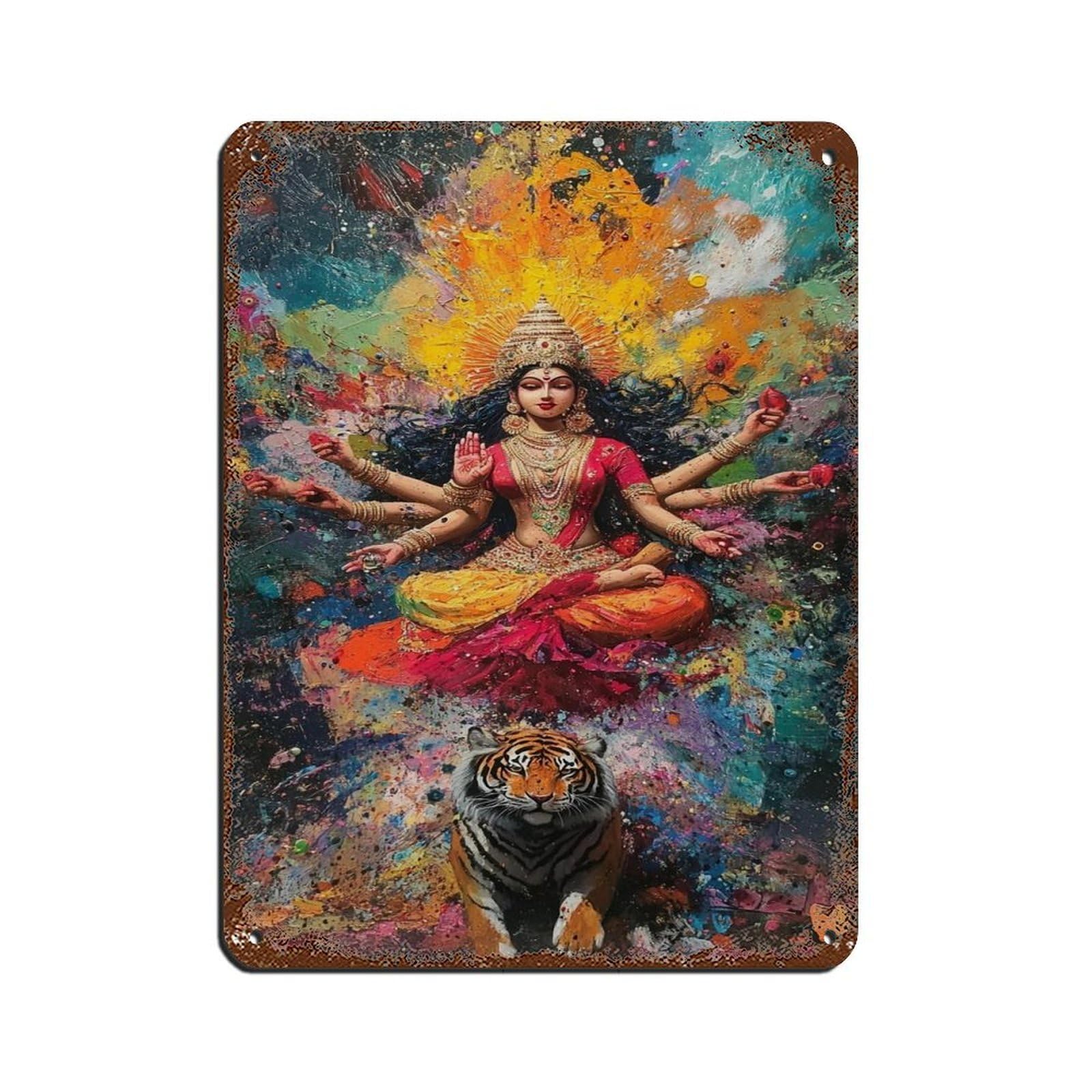 Hindu Goddess Durga, Divine Spiritual Art Tin Sign Vintage Metal Pub Club Cafe Bar Home Wall Art Decoration Poster Retro 12x16inch(30x40cm)