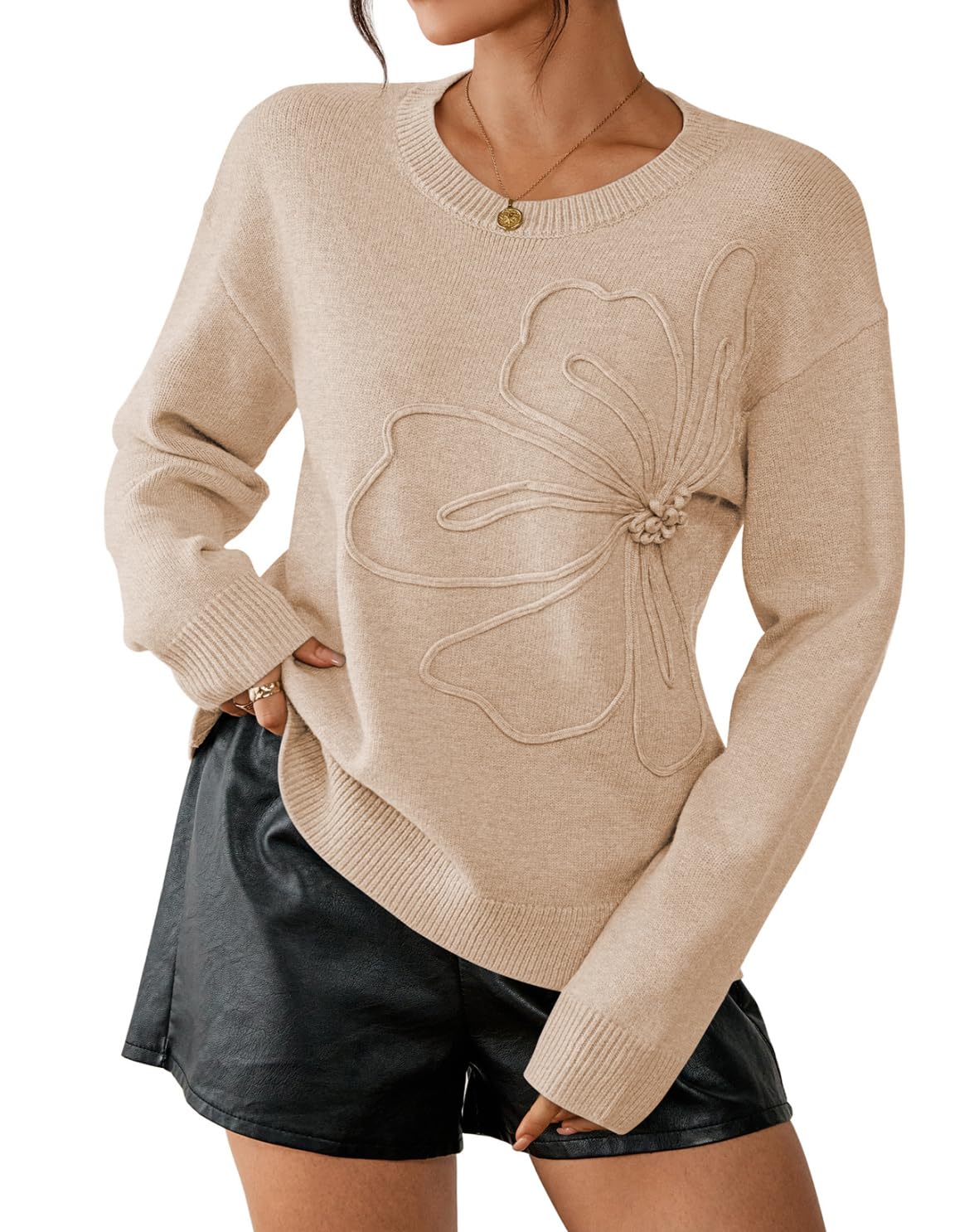 Pink Queen 2025 Womens Crew Neck Long Sleeve Pullover Sweater Ribbed Knit Floral Texture Casual Jumpers Tops