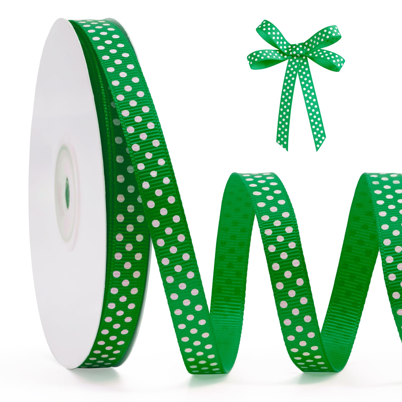 FAKILO Polka Dot Grosgrain Ribbon 10mm X 22m Green and White Polka Dot Ribbon for Gift Wrapping Christmas DIY Crafts Hair Bows Wedding Party Decor Sewing and Home Decoration
