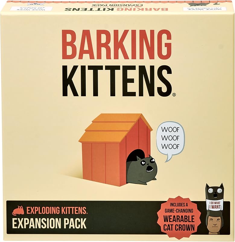 Juego de expansión Barking Kittens: un juego de cartas de ruleta rusa para adultos, adolescentes y niños, juegos de fiesta fáciles para toda la familia - Complemento de 20 cartas | Añade giros salvajes a Exploding Kittens con 20 cartas nuevas y una corona de gato portátil. Expansión nocturna de juegos de fácil aprendizaje
