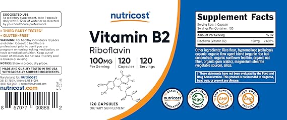 Nutricost Vitamin B2 (Riboflavin) 100mg, 120 Capsules - Gluten Free and Non-GMO