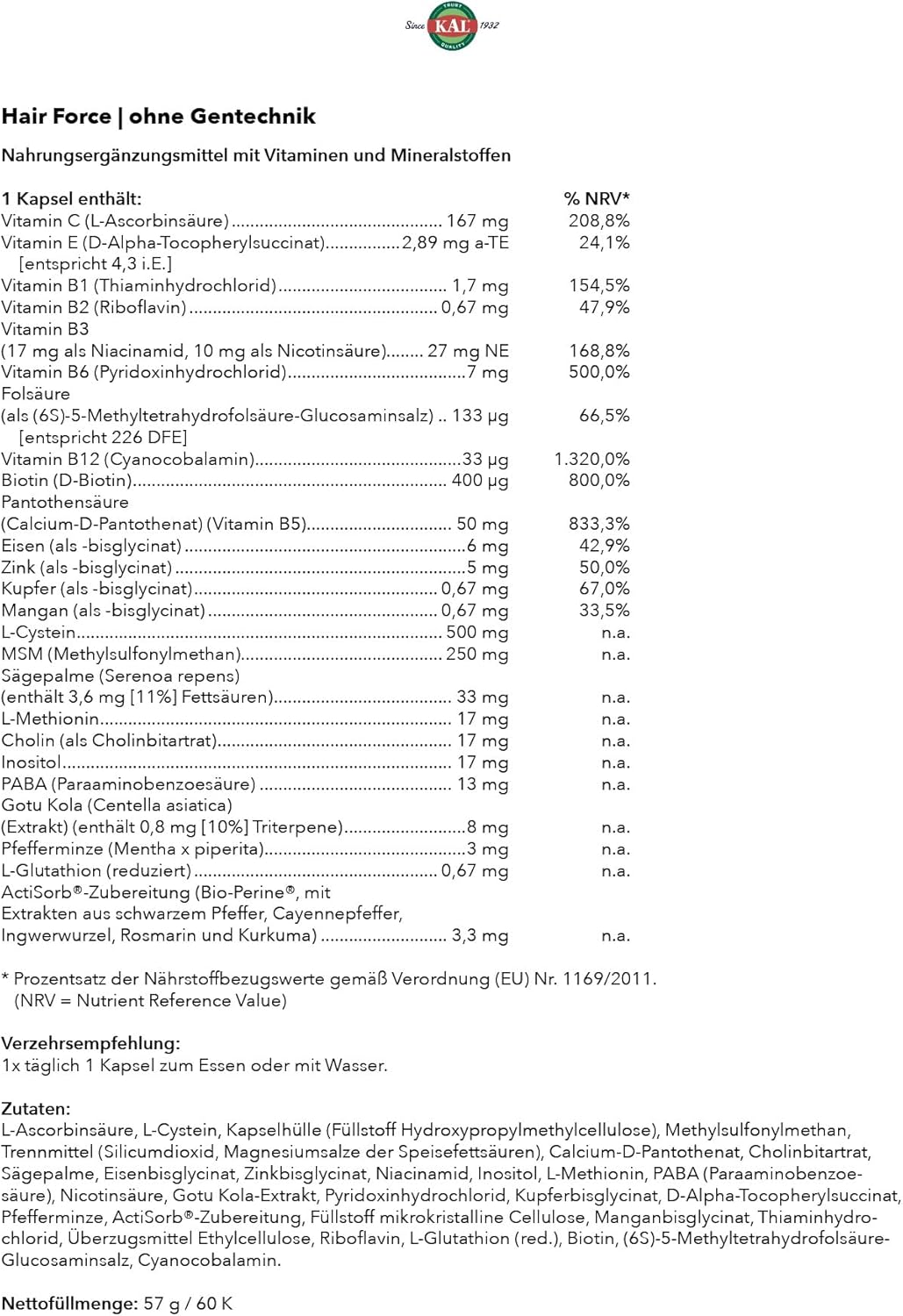 Kal Hair Force Capsules, 60 Count