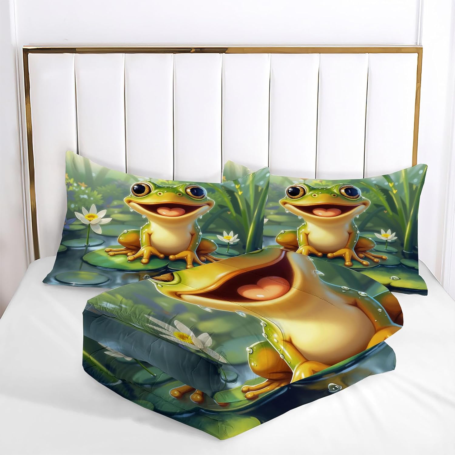 Animation Style Comforter Set King Size, Frog and Lotus Bedding Set for Girls Boys, Green Quilt Bed 104"X90" Bedding Comforter Sets with 2 Pillowcase Room Decor
