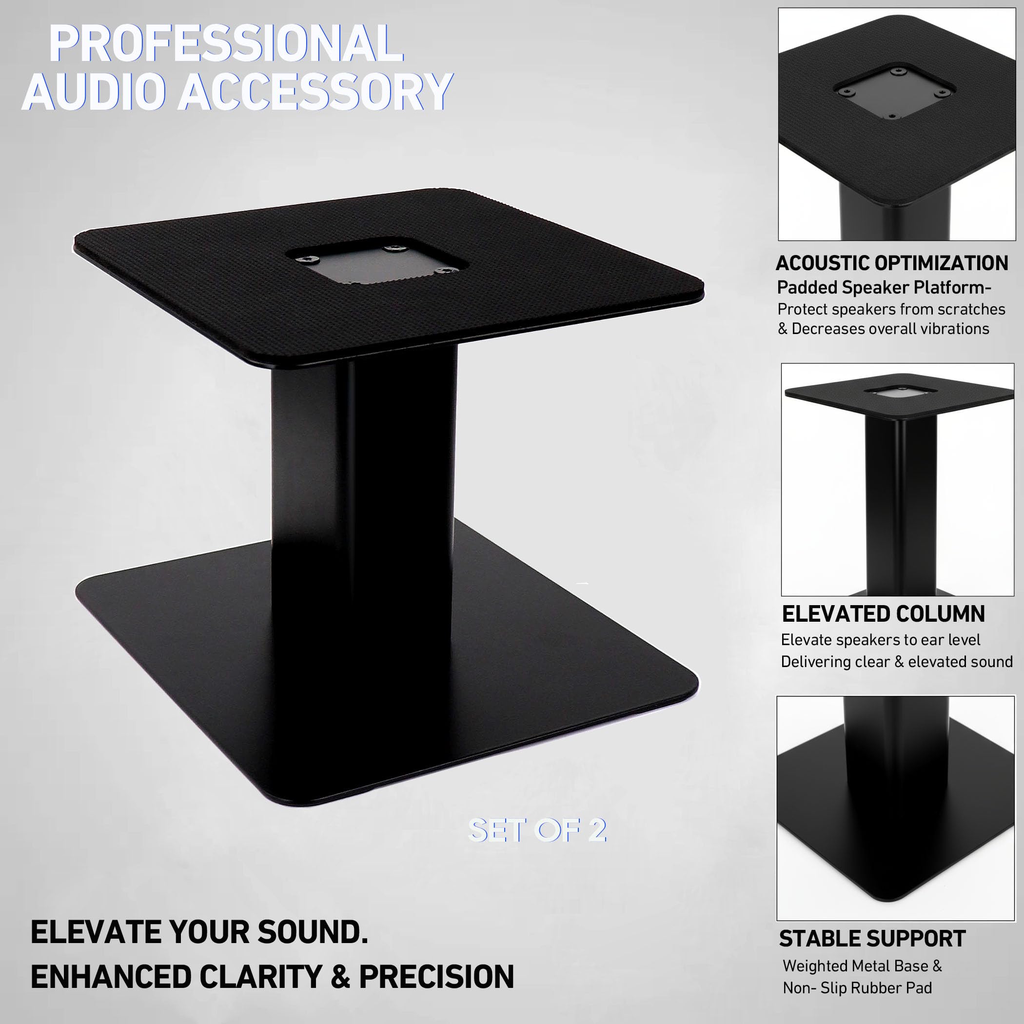 Supporti per Altoparlanti da Scrivania (Coppia) - Robusto Vassoio Metallizzato Imbottito da 17,8 x 17,8 cm, Base Piatta Resistente per Monitor da 4" a 7" e Altoparlanti da Mensola, Supporto per