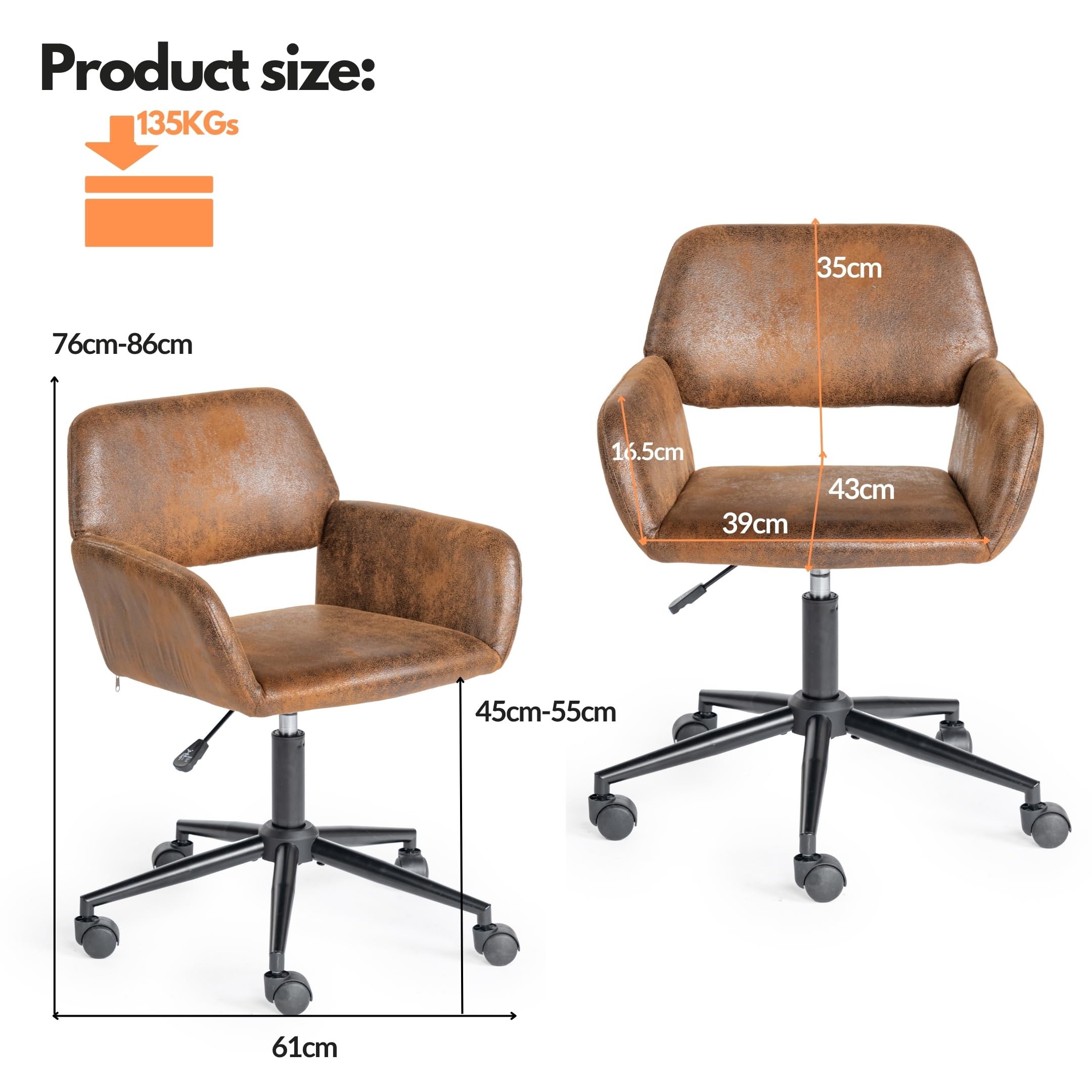 FurnitureR Chaise de Maquillage Pivotante, Siège de Chambre Réglable en Hauteur, Siège Creux Large et Respirant, Chaise D'habillage Rotative à 360°, Retro Marron Suede 56 x 55 x 75-85 cm