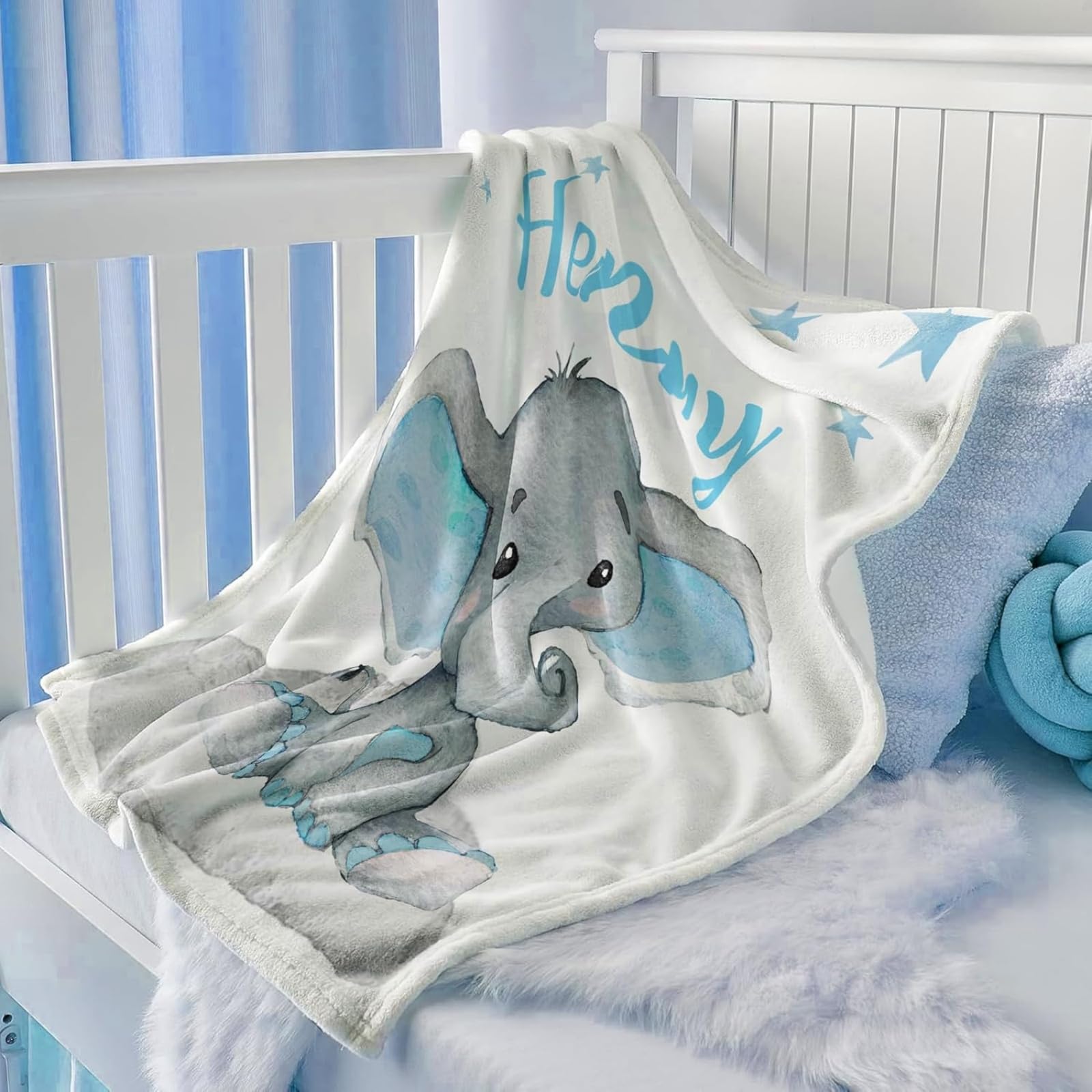 Babydecke mit Namen Personalisiert,Flauschige Warme Kuscheldecke mit Namen und Geburtsdatum Elefant,Geschenk Baby Taufe Geburt Mädchen Junge für Kinderdecke Namensdecke Krabbeldecke