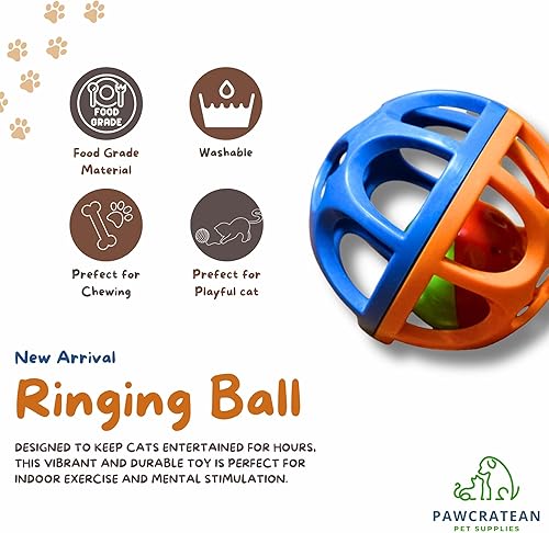Miniatura 6 de Juguete grande de bola para gatos con campana, duradero, para auto-entretenimiento, colorido ejercicio en interiores (azul y rojo)