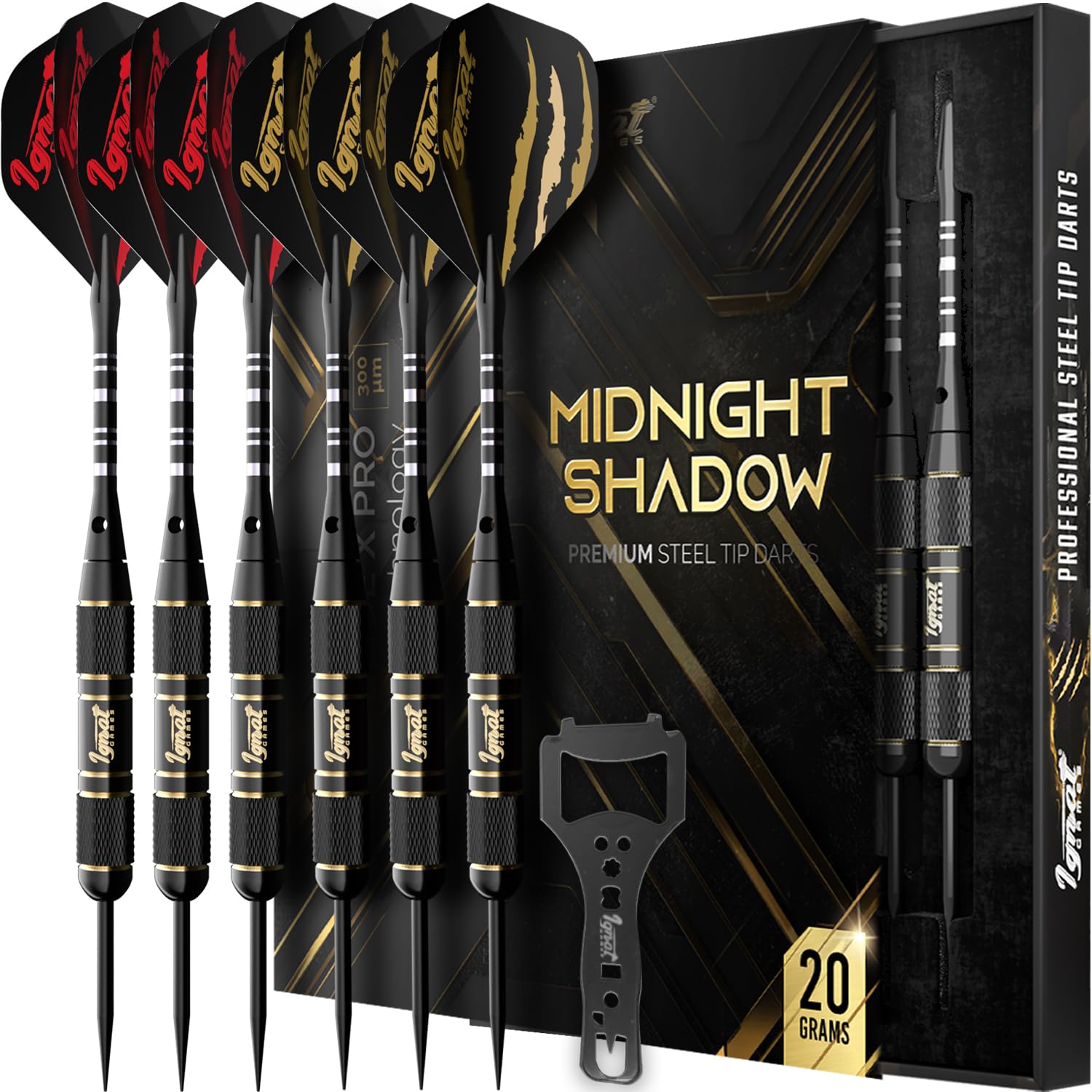 IgnatGames Darts Metal Tip Set - Professional Darts with Stylish Case and Darts Guide, Steel Tip Darts Set with Aluminum Shafts + Rubber O'Rings + Extra Flights + Dart Sharpener and Wrench