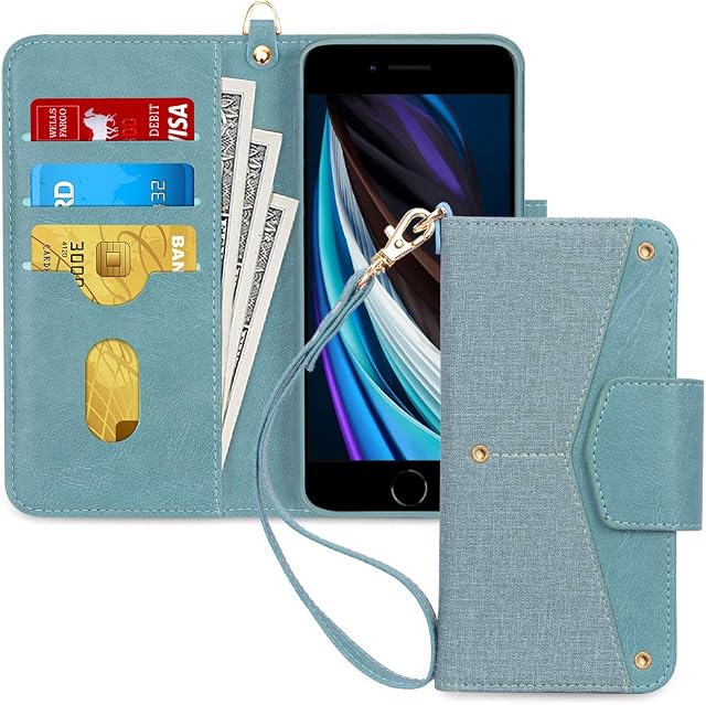 Toplive iPhone SE 2020 Case, iPhone 7/8 Case, Handmade Folio Flip Wallet Phone Case Cover for iPhone SE 2020/iPhone 7/8 4.7'' with Kickstand Function, Card Holders and Hand Strap, Green