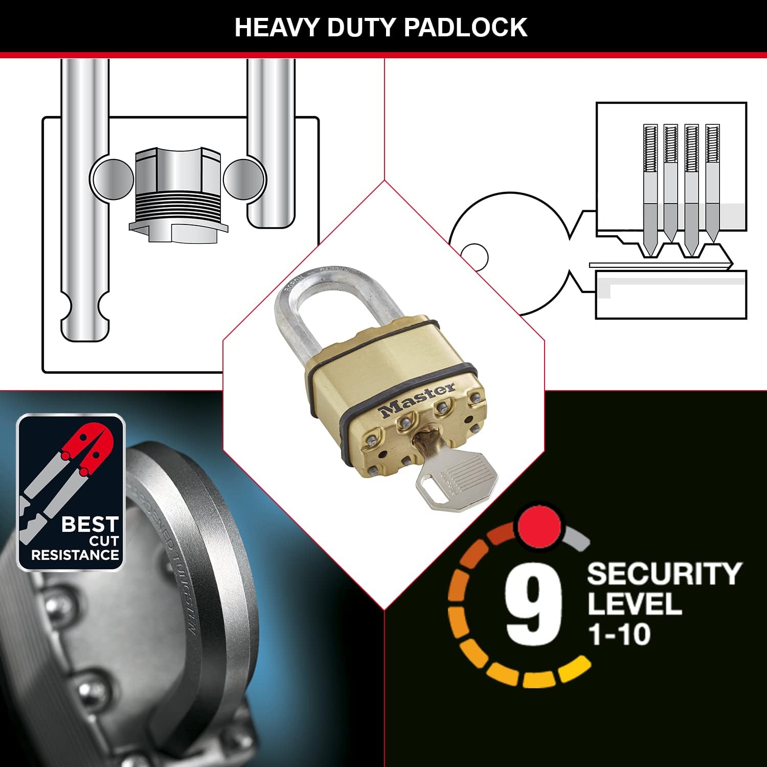 Master Lock Heavy Duty Padlock [Key] [Laminated Steel / Brass Finish] [Weatherproof] [Medium Shackle] M5BEURTLF - Best Used for Storage Units, Sheds, Garages, Fences