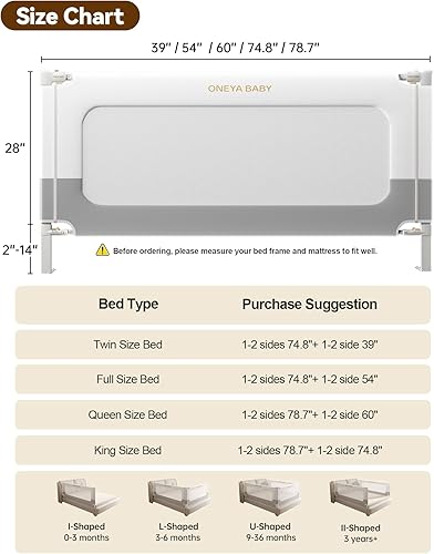 Miniatura 8 de Barandilla protectora para cama de bebé para niños pequeños, rieles reforzados de 78.7 pulgadas para cama Queen, King con altura ajustable,