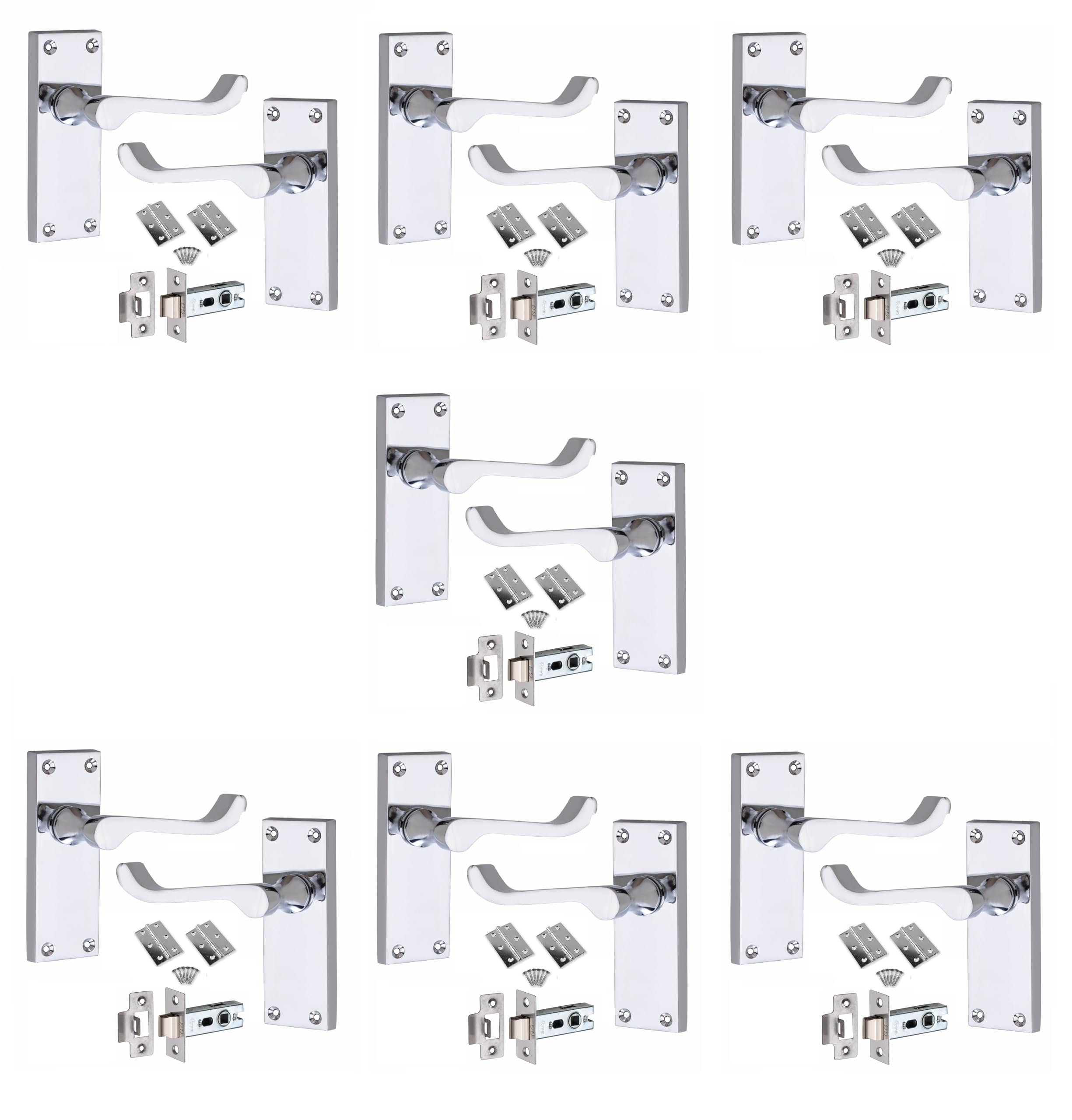 Golden Grace Polished Chrome Victorian Scroll Door Handles Latch In Finish With Hinges & Latches Pack, 7 Sets - 120Mm X 40Mm Backplate