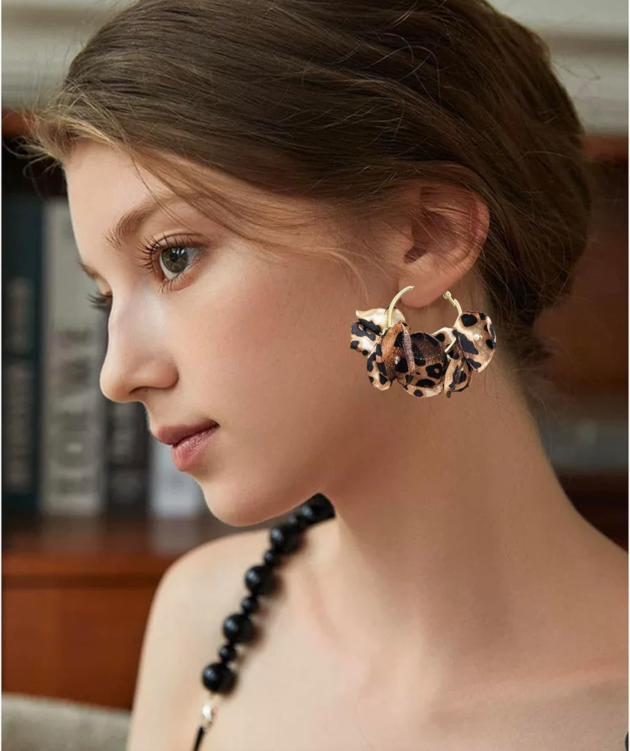 GPASTG Bohemian Fabric Flower Petal Pearl Dangle Drop Stud Round Hoop Earrings For Women - Image 3