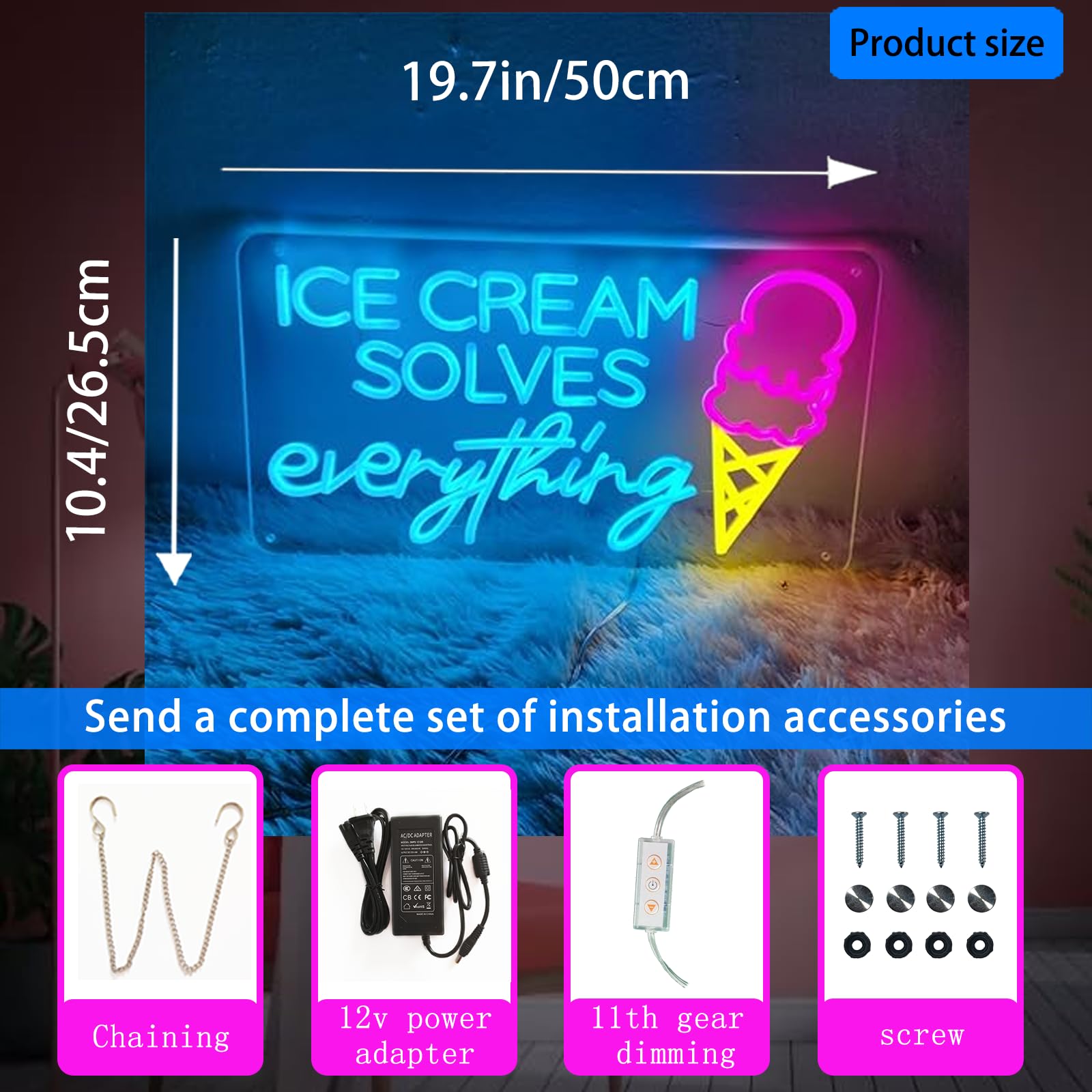 ネオンインテリアサイン　ICE CREAM Ice Cream Sign 22.4x11'' Ice Cream Open Shop Neon Signs USB