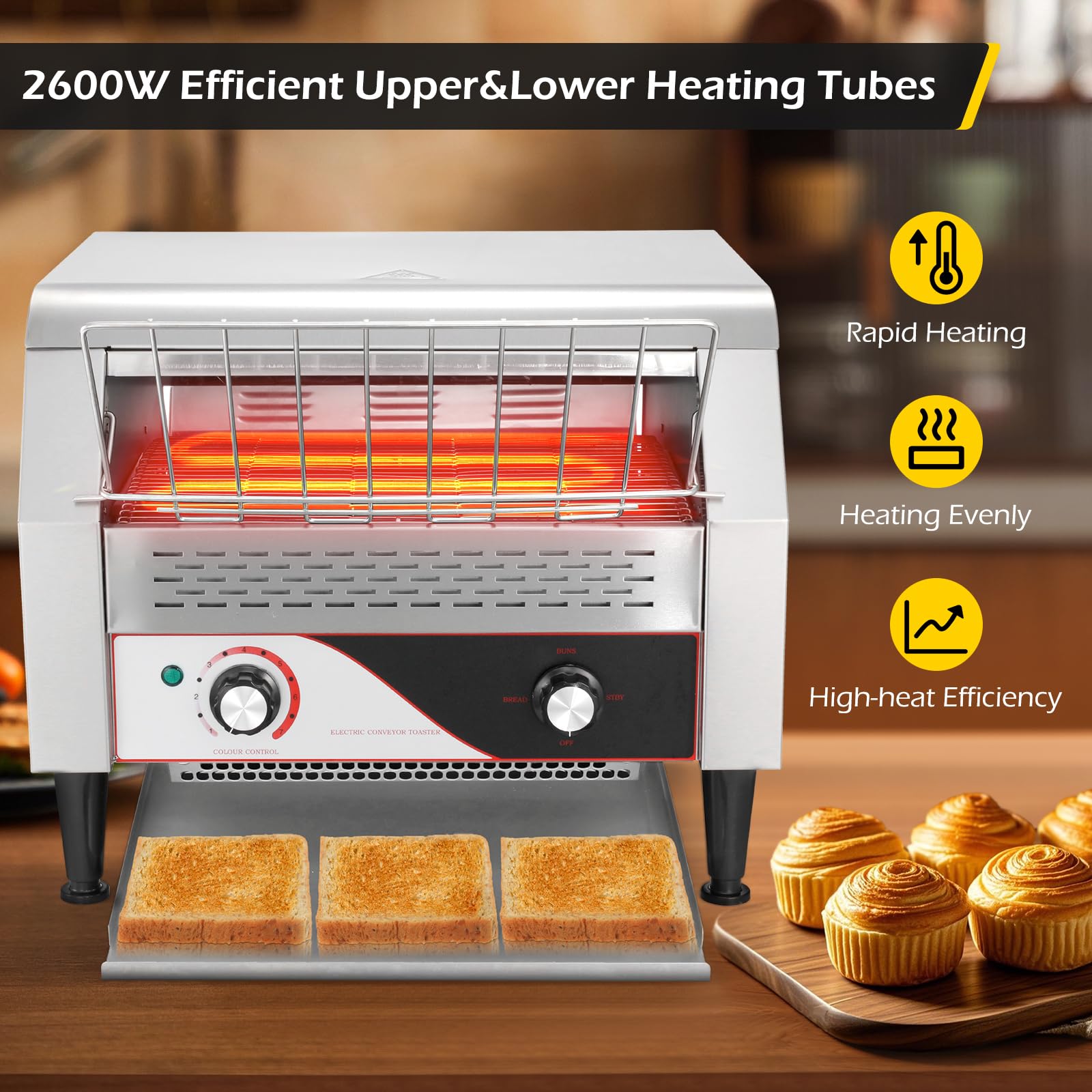 Dyna-Living Commercial Toaster 450 Slices/Hour Commercial Conveyor Toaster for Restaurant 2600W Industrial Toaster Conveyor, Commercial Restaurant Toaster for Bun Bagel Bread