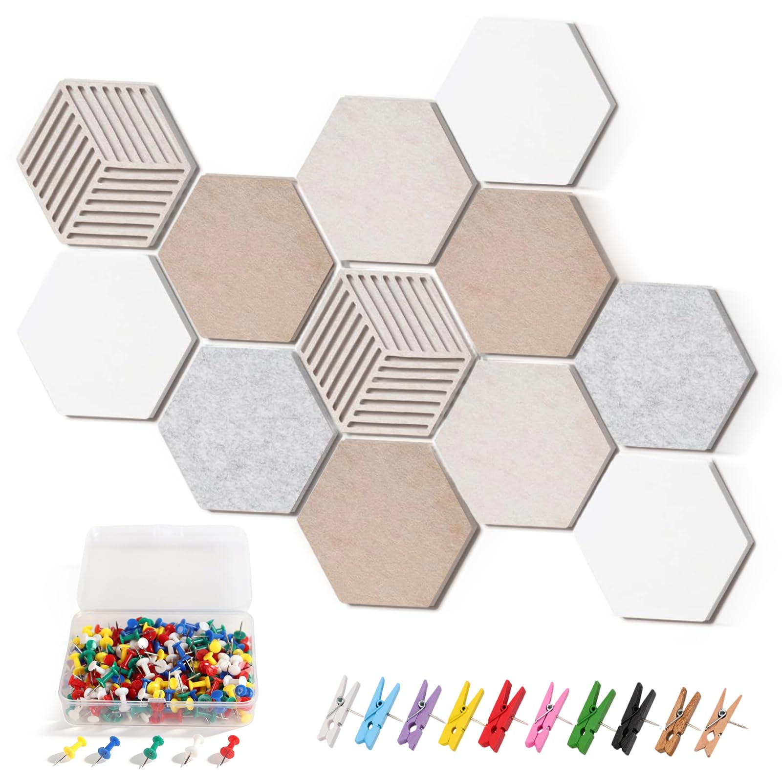 12 PCS Hexagon Cork Boards for Walls, Self Adhesive DIY Bulletin Board Felt Cork Board with 50 Push Pins Pin Boards for Offices Home School Wall Decor
