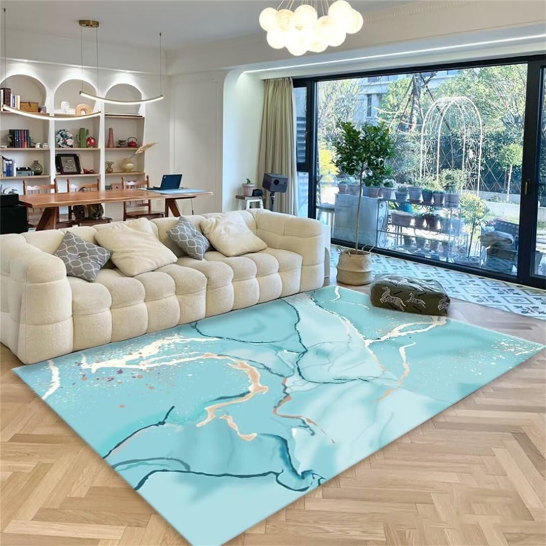 Tapis doux salon bleu 200x280cm avec motif abstrait lavable en machine pour grand séjour