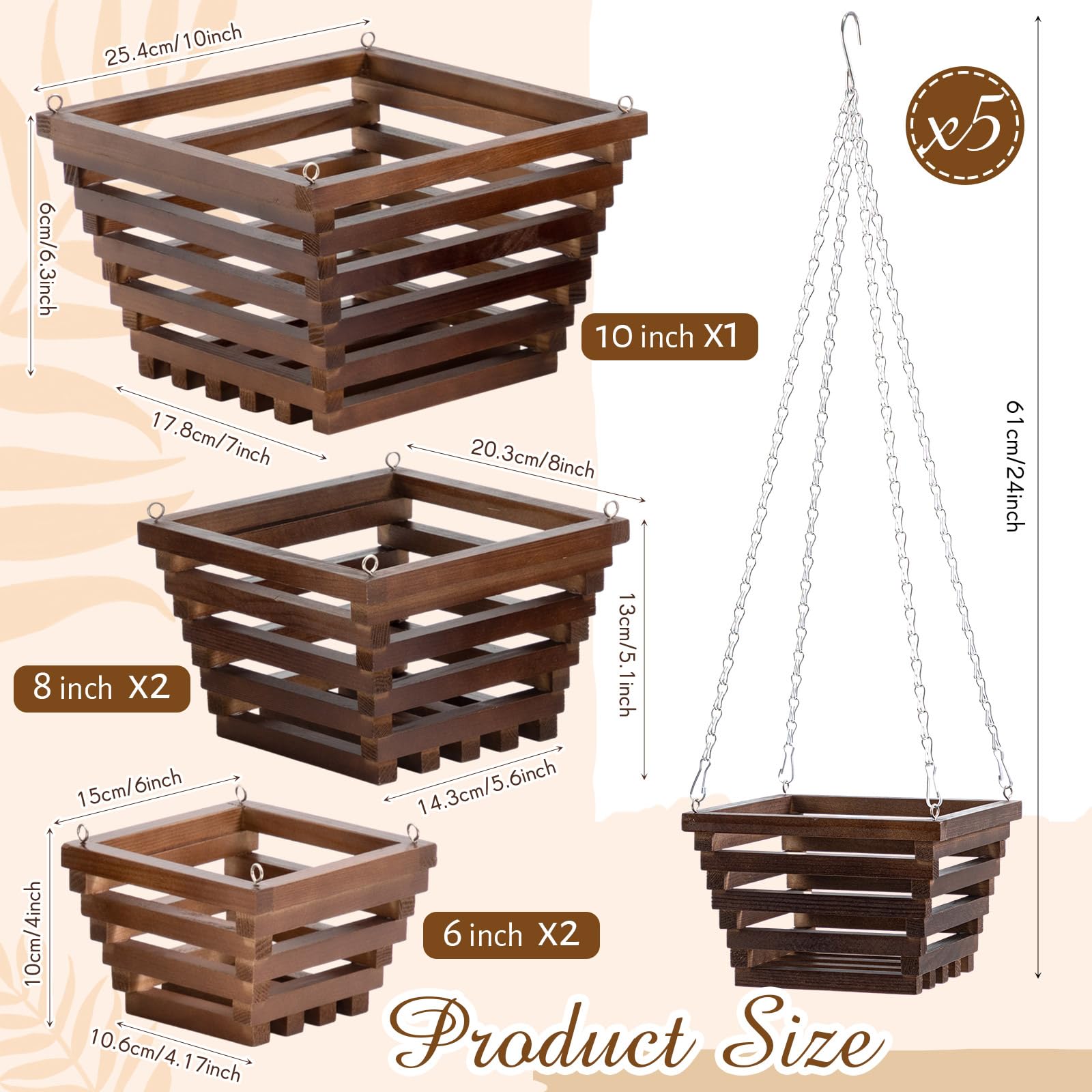 SiliFine 5 cesti in legno per orchidee con ganci, in legno di pino, rustici, per orchidee, fatti a mano, per interni ed esterni, giardino, felci e fiori (15,2 cm, 20,3 cm, 25,4 cm)