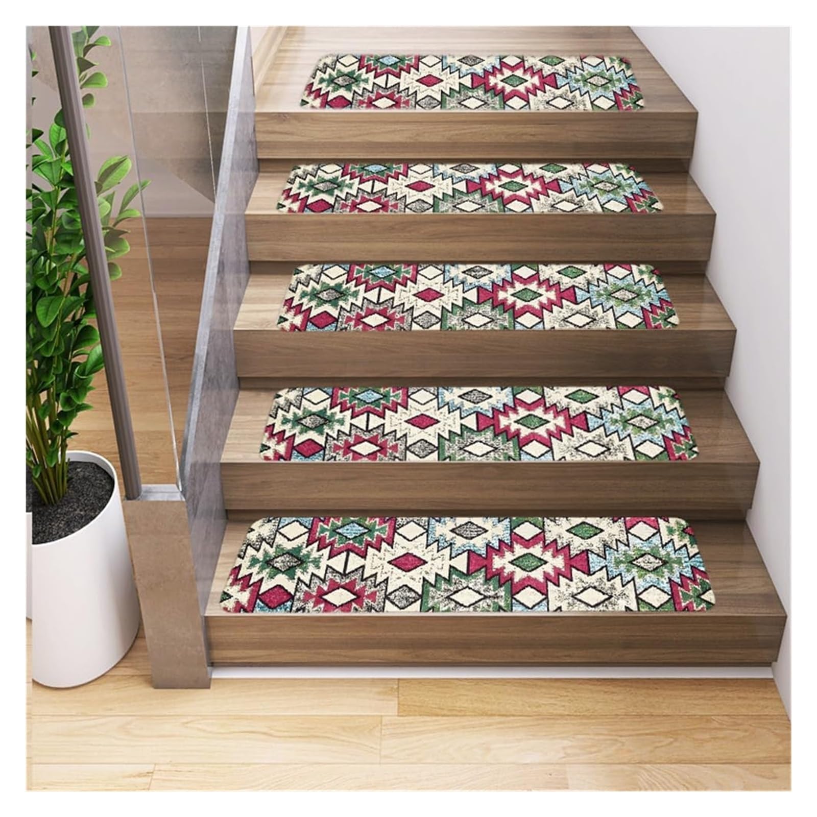 Treppenläufer-Teppich for Treppen, Treppenteppichläufer, 5er-Set, Rutschfester Treppenstufen-Teppich mit Gummirücken, böhmische Bunte Geometrie(Green)