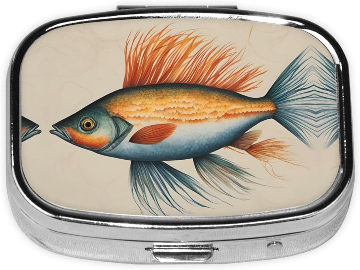 Safflower Flying Fish Print Pill Box 2 Compartment Medicine Pill Case Pocket Or Purse Pill Box Decorative Metal Medicine Vitamin Organizer ﻿