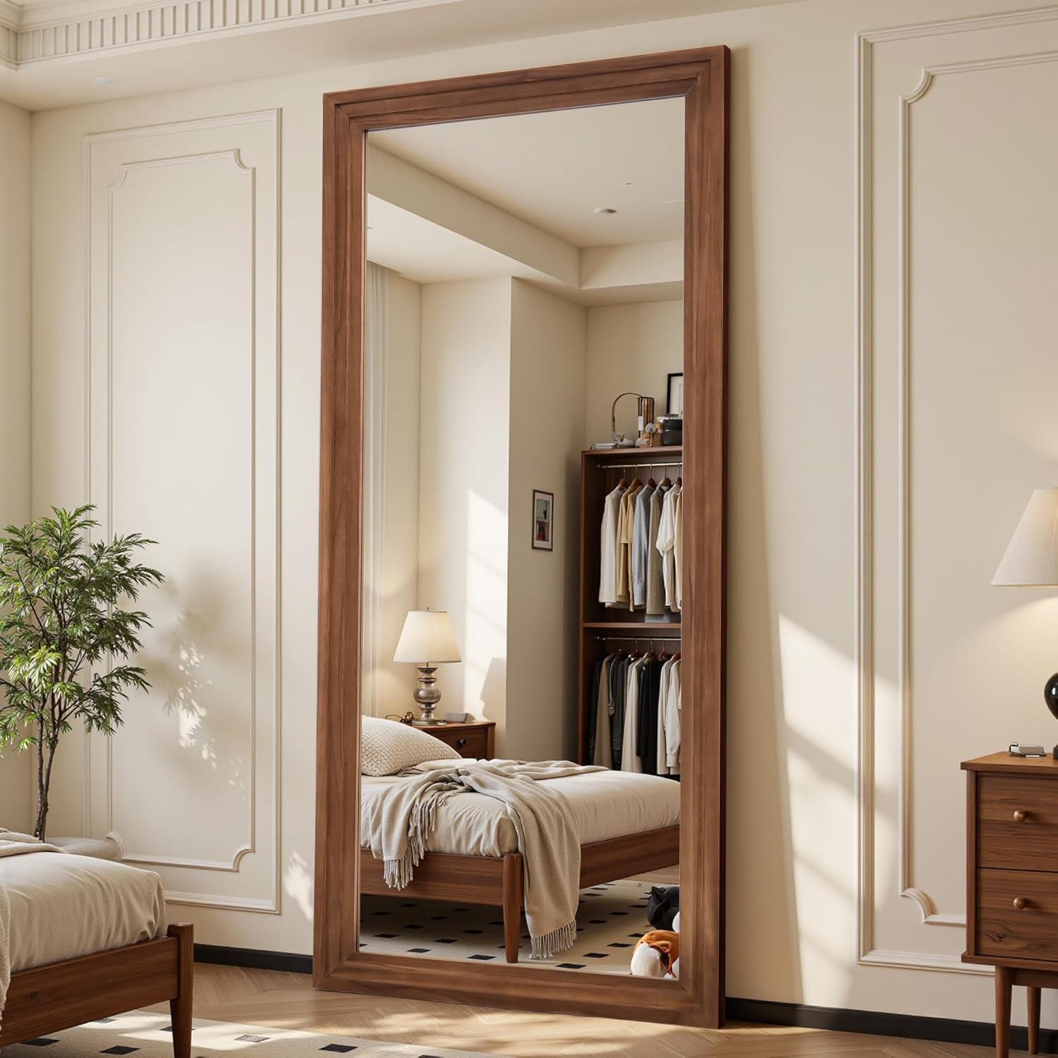 (Missing mirror) (white) Antok Floor Mirror, 81\"×41\" Wood Full Length Mirror Wooden Full Body Mirror with Stand, Hanging Mounted for Living Room Cloakroom, Brown, Rect Style 81\"L x 41\"W Rect Style Brown
