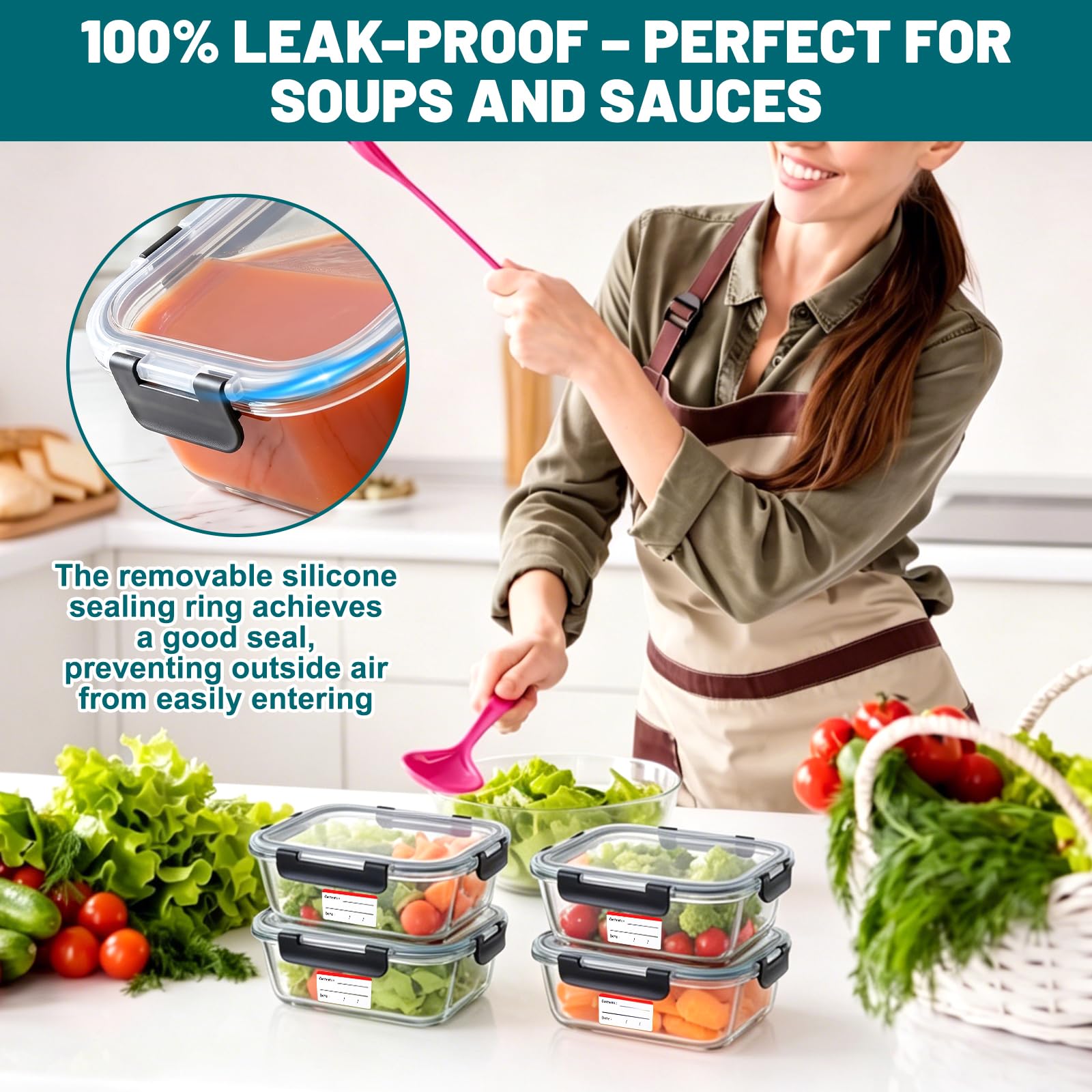 Contenitori per alimenti in vetro borosilicato con coperchi, confezione da 5 contenitori per la preparazione dei pasti da 1040 ml, adatti per forno e congelatore, ermetici, a prova di perdite