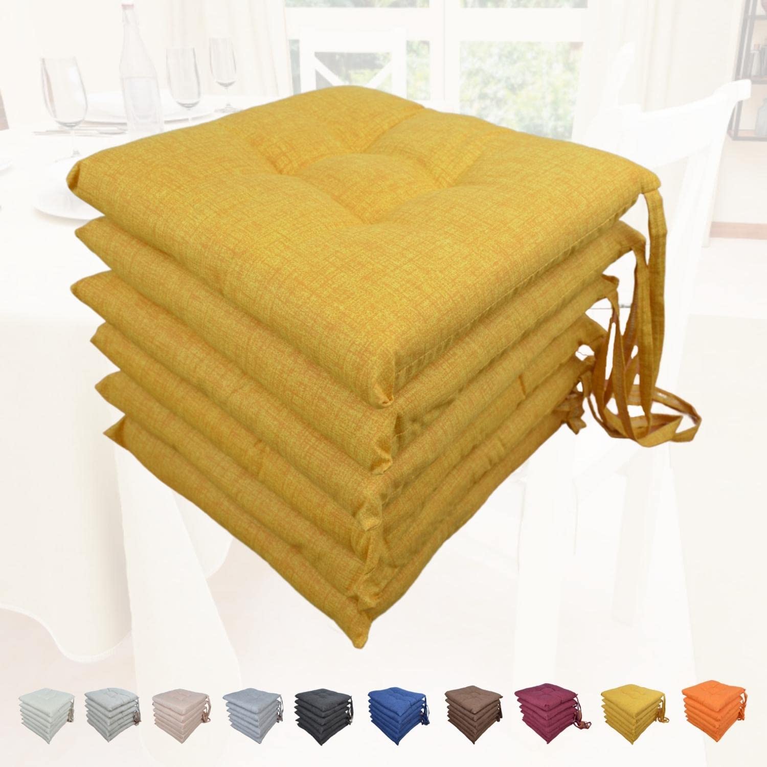 Intimitaly Set 6 Cuscini Sedia Con Lacci 4 Punti Comodi Made in Italy in Cotone Imbottiti e Spessi 6 Cm (Ocra)