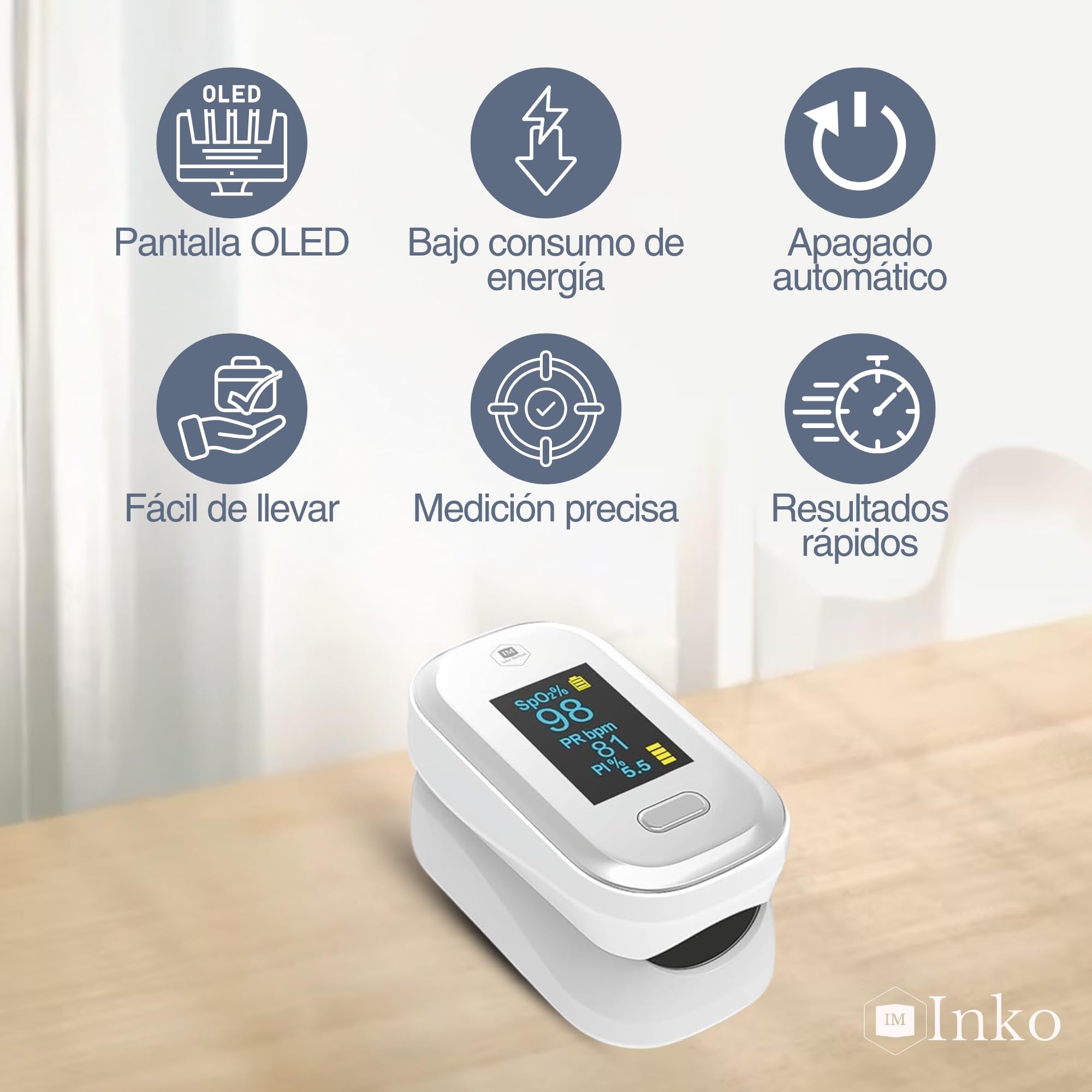 Pulsioxímetro de dedo Inko Medical con Indice de Perfusión, Lectura más Exacta, Oxímetro Dedo Profesional