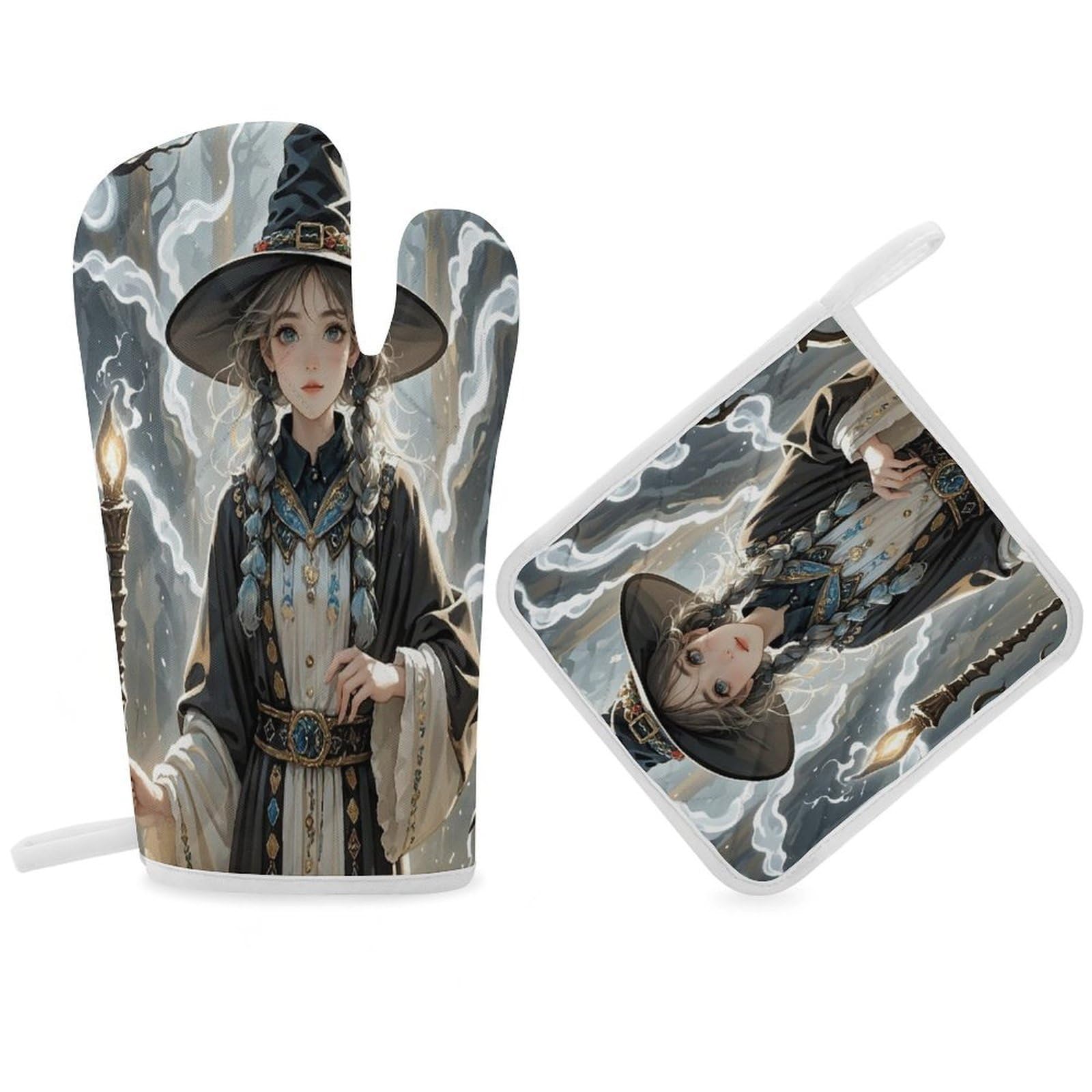 Magic Witch Witchcraft Bohemian Drawing Oven Mitt Gloves and Heat Insulation Pads Double-Layer Thickened Heat Insulation Mitt Temperature Oven Gloves for Cooking Baking Grilling