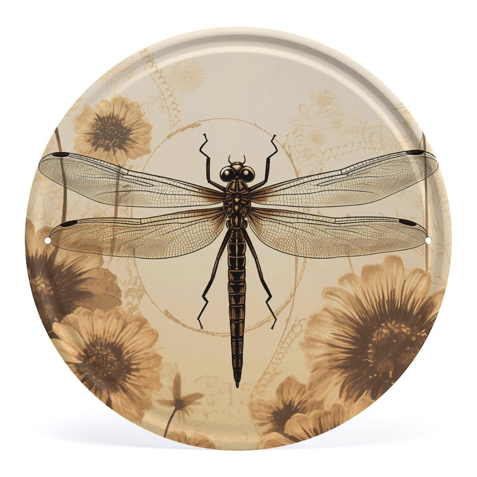 Fodpand Style Dragonfly On Sunflower Round Wall Art Hanging Decorations, Wall Decor Modern Minimalist Artwork, Tin Sign Hanging Picture For Living Room, Bedroom, Office, Hallway, 11.8X11.8 Inch