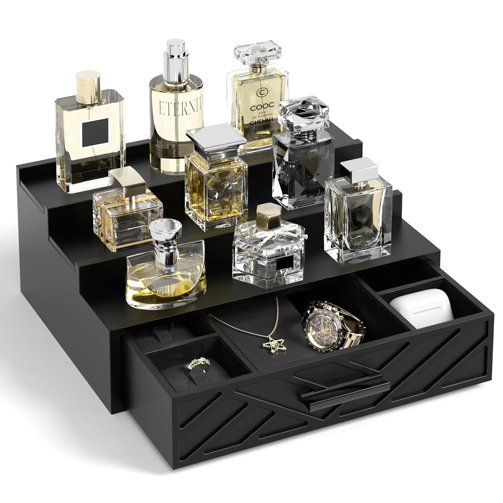 Cologne Organizer for Men, 3 Tier Perfume Organizer with Velvet Lining Drawer and Hidden Compartment, Wood Cologne Stand Perfume Shelf, Display Holder for Watch Jewelry, Great Gifts for Men